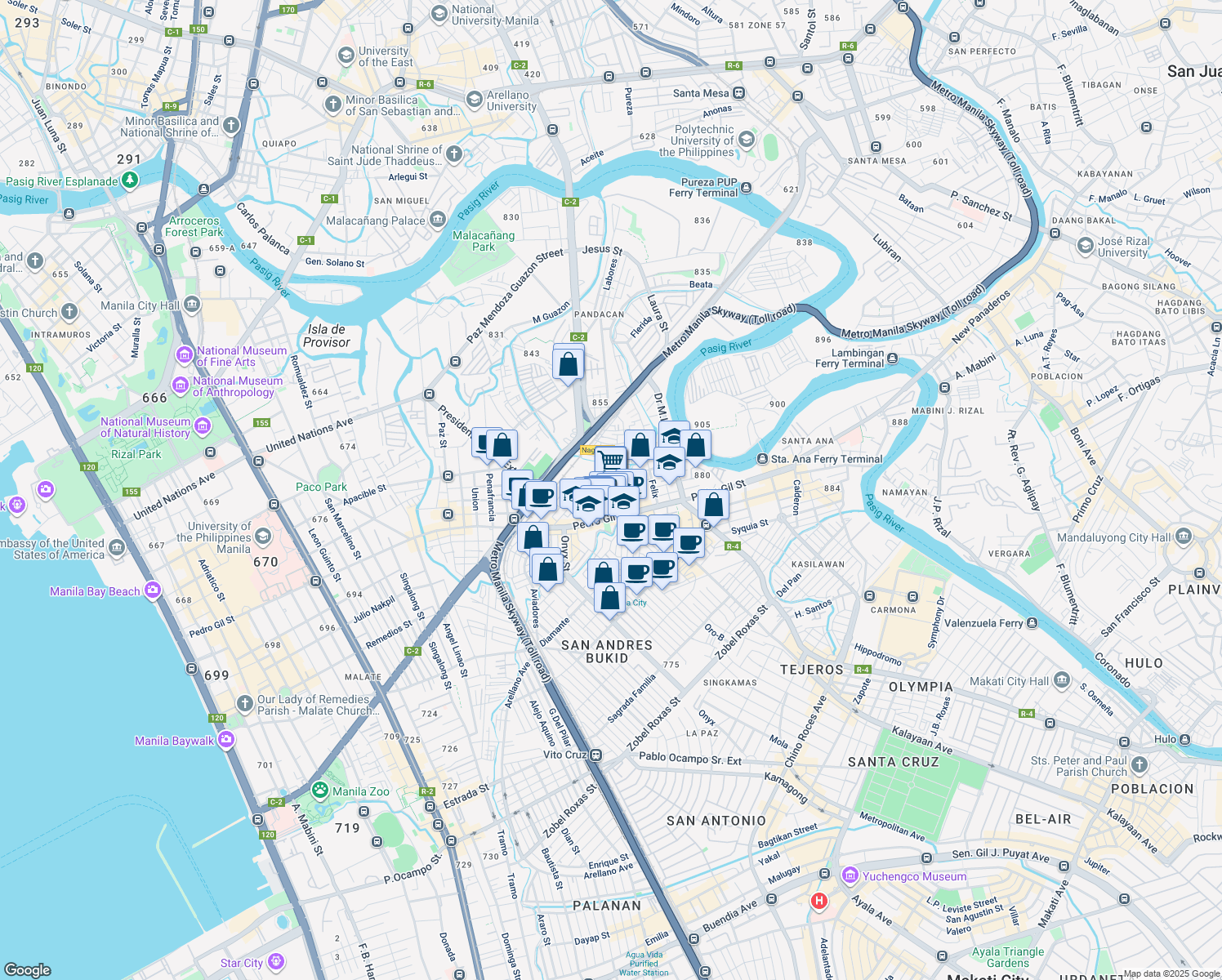 map of restaurants, bars, coffee shops, grocery stores, and more near Santa Maria in City Of Manila