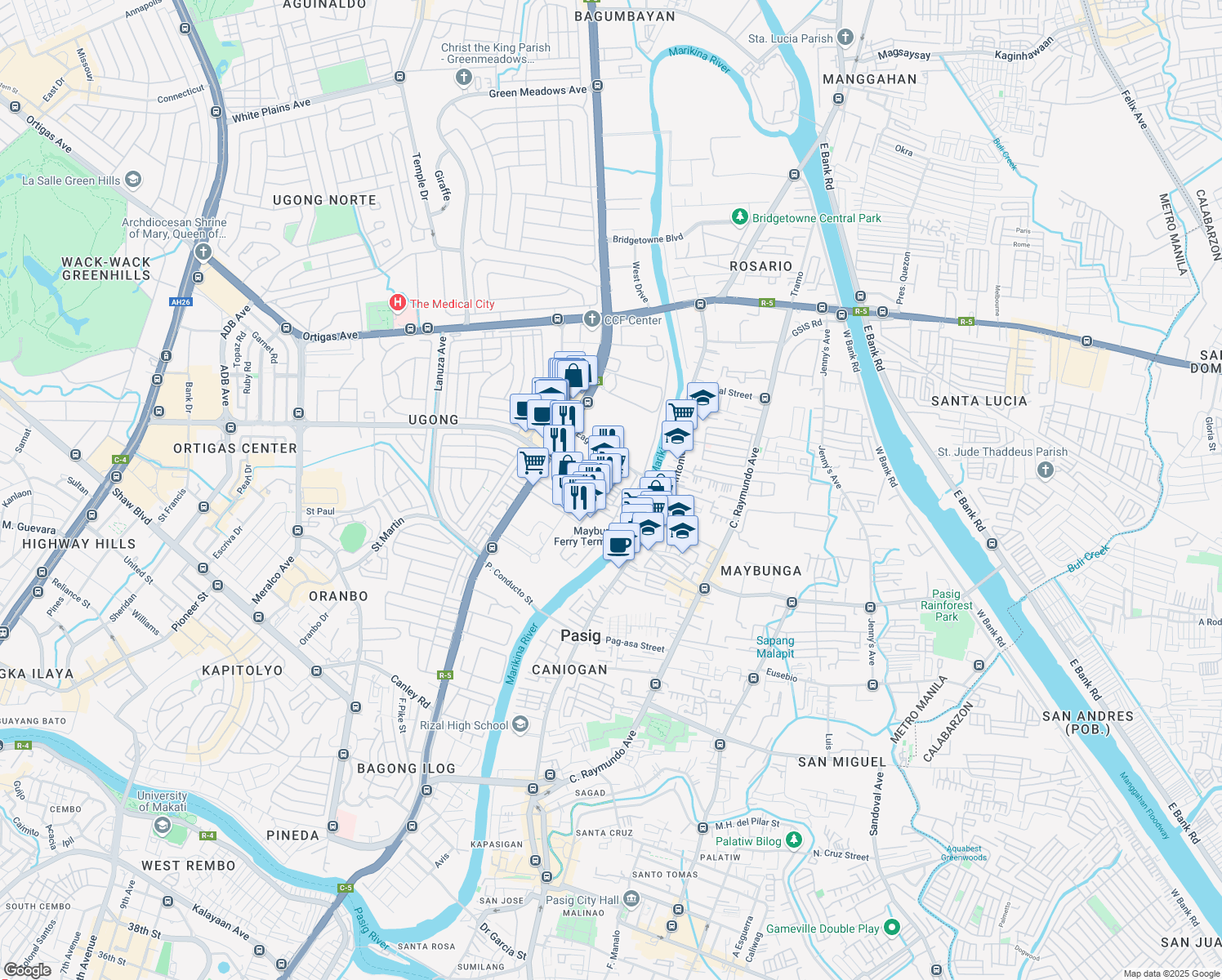 map of restaurants, bars, coffee shops, grocery stores, and more near Legaspi in Manila