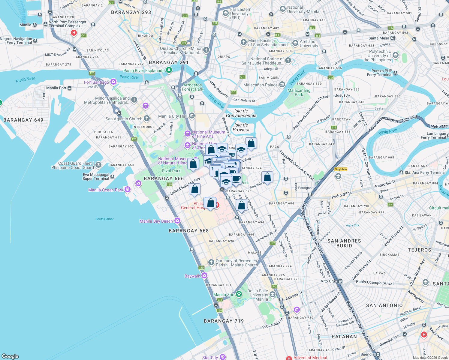 map of restaurants, bars, coffee shops, grocery stores, and more near 1466 Gen. Luna Street in Manila