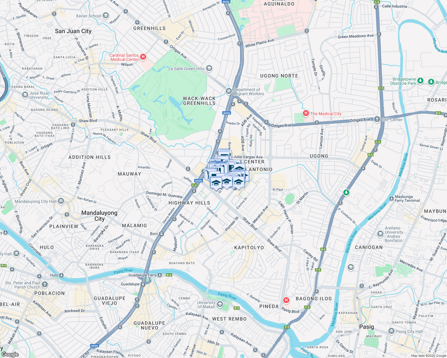 map of restaurants, bars, coffee shops, grocery stores, and more near 1 Garden Way in Pasig