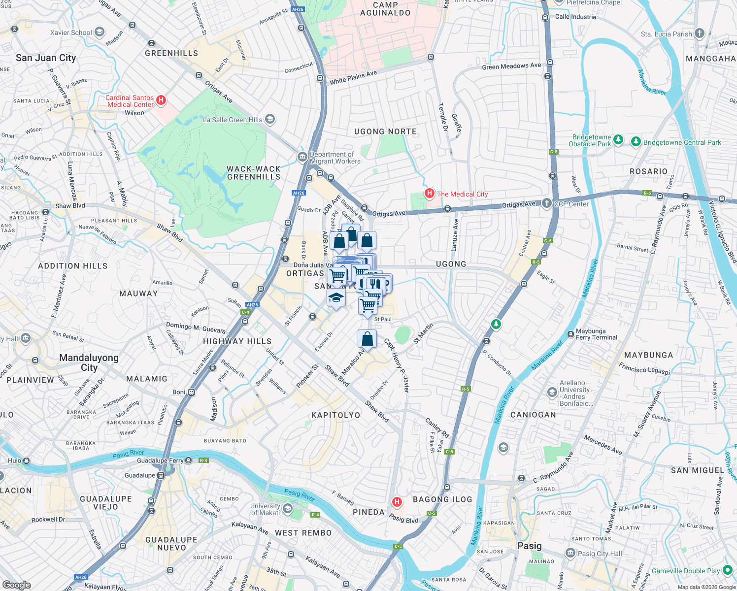 map of restaurants, bars, coffee shops, grocery stores, and more near Meralco Avenue in Pasig