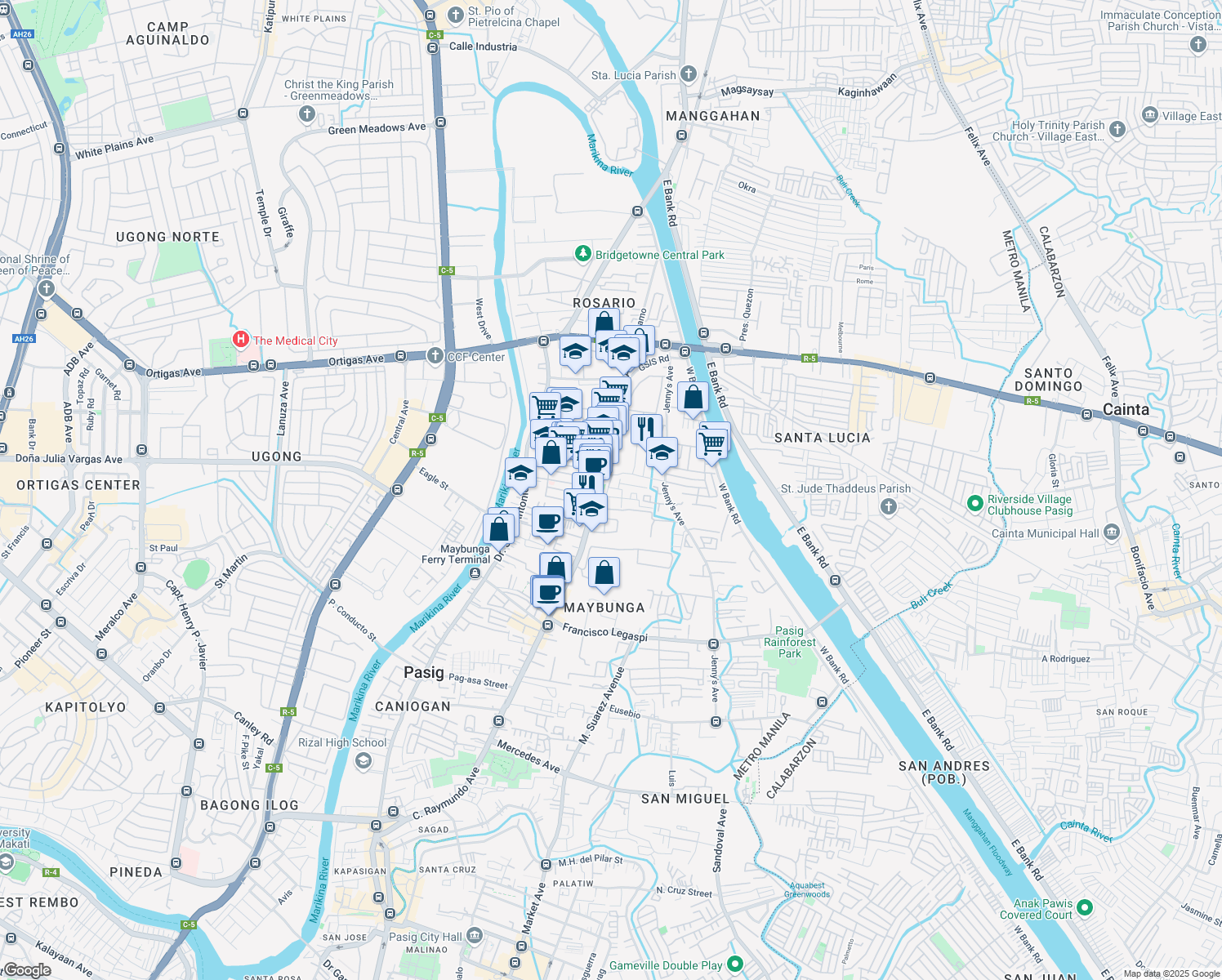 map of restaurants, bars, coffee shops, grocery stores, and more near 3 Opal in Pasig