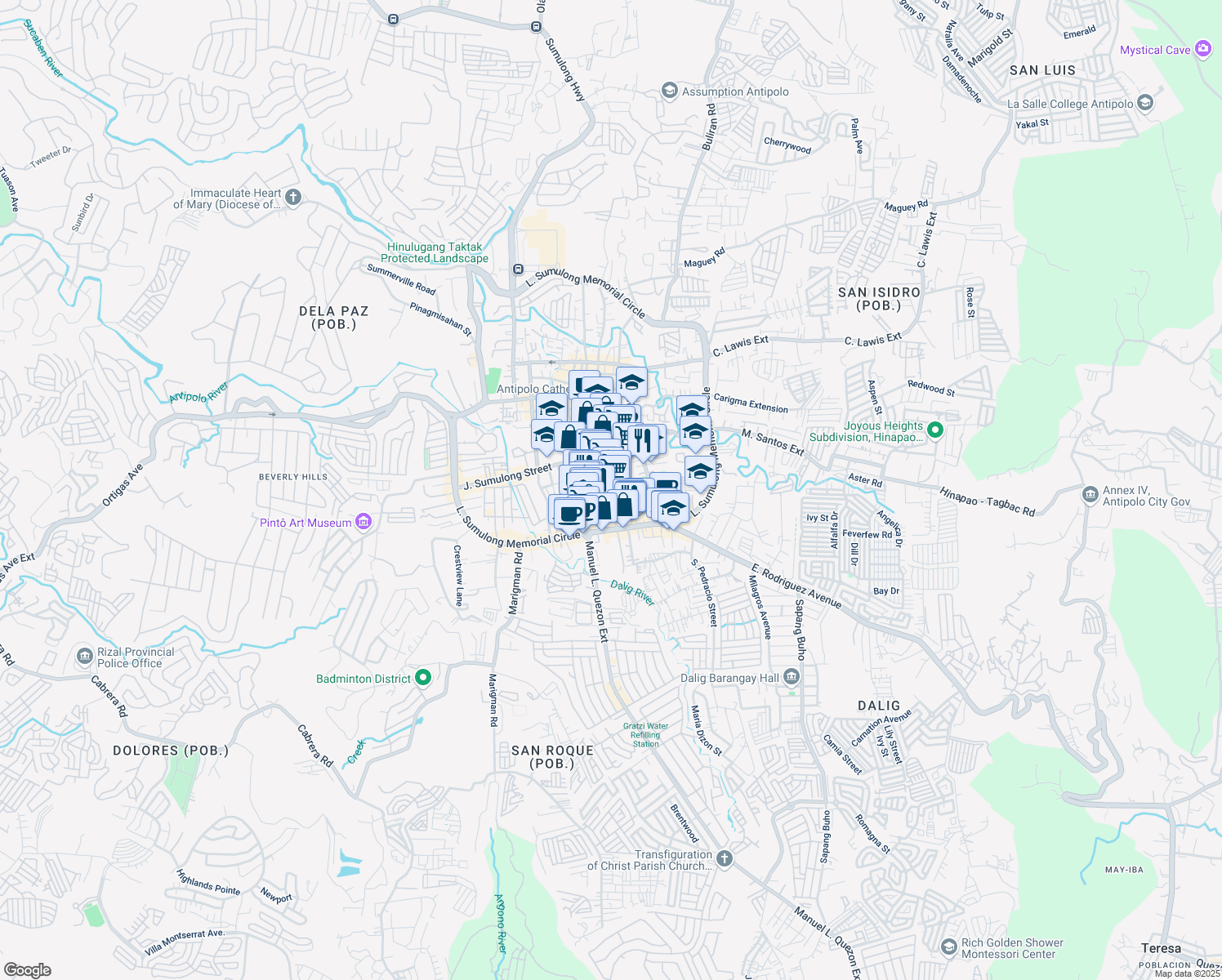 map of restaurants, bars, coffee shops, grocery stores, and more near F. Manalo Street in Antipolo City