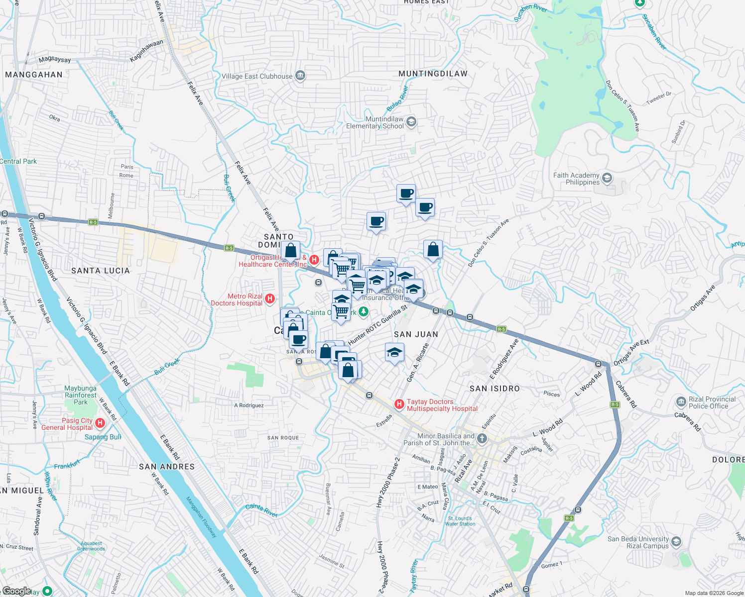 map of restaurants, bars, coffee shops, grocery stores, and more near Joy Cir in Cainta