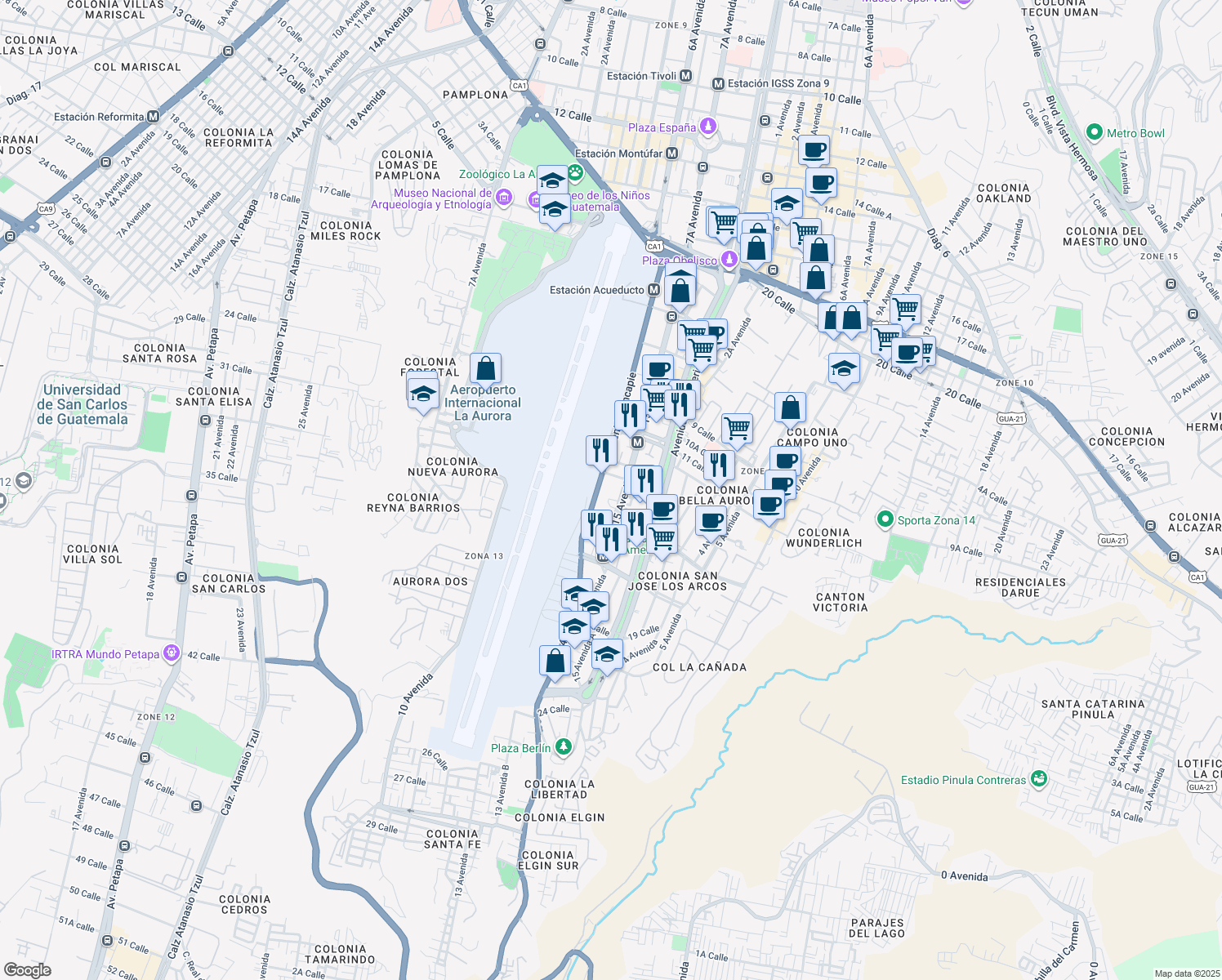 map of restaurants, bars, coffee shops, grocery stores, and more near 14-72 15 Avenida in Ciudad de Guatemala
