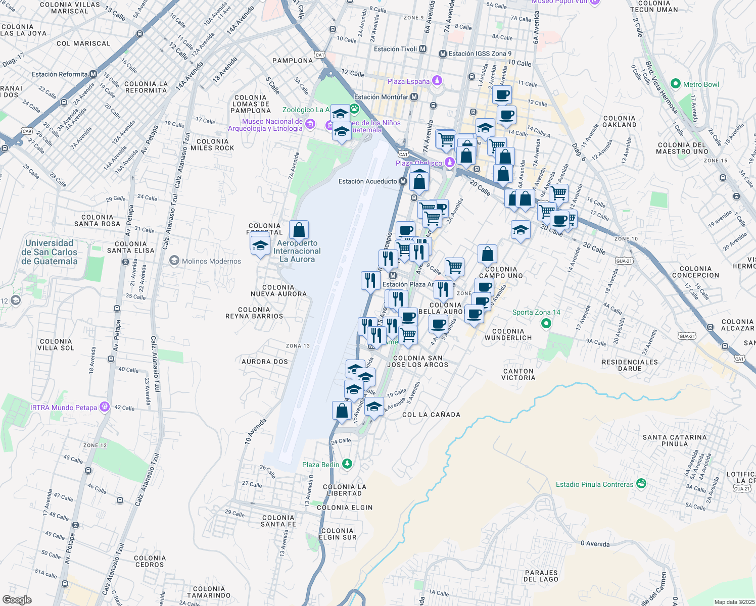 map of restaurants, bars, coffee shops, grocery stores, and more near 14-72 15 Avenida in Ciudad de Guatemala