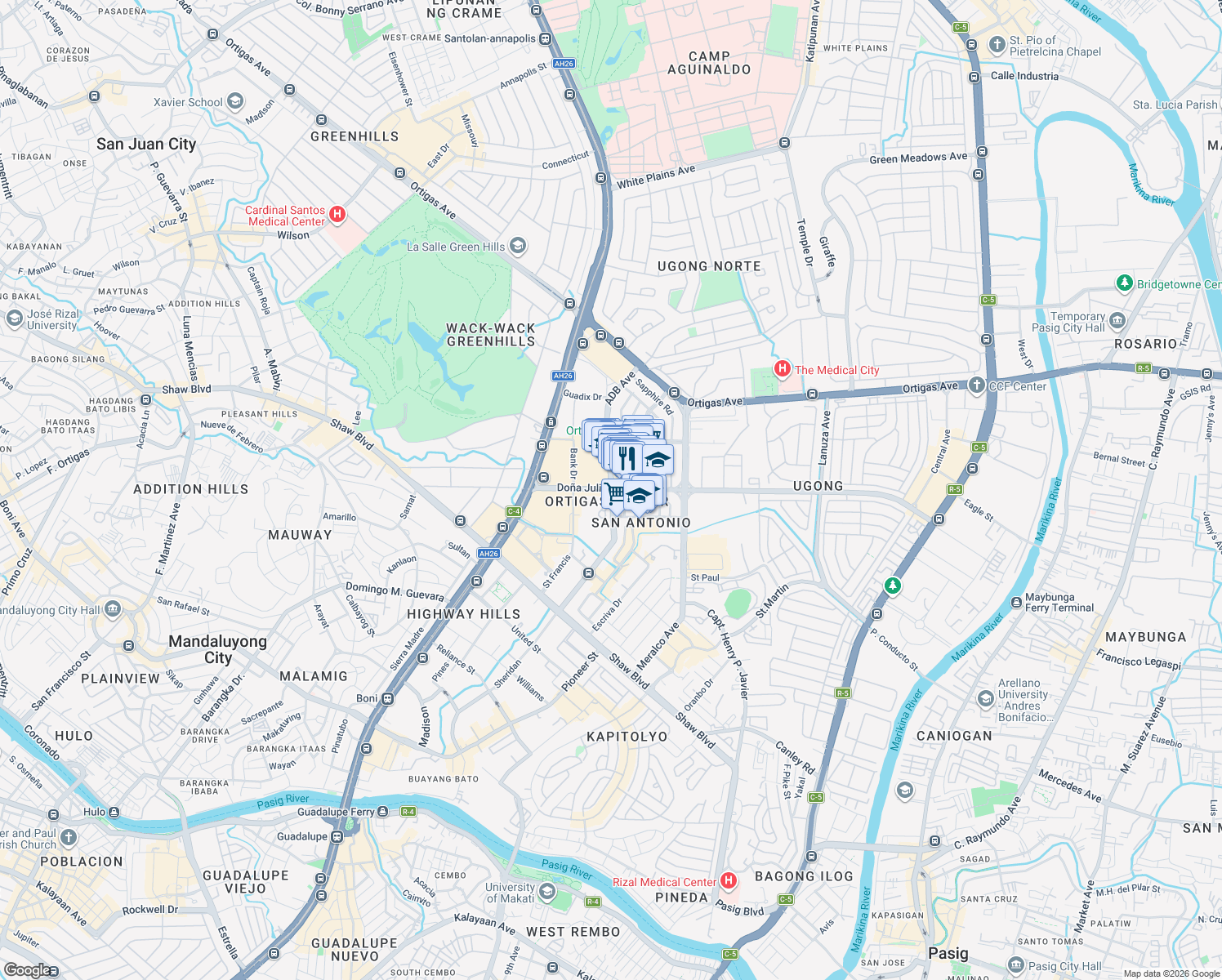 map of restaurants, bars, coffee shops, grocery stores, and more near Doña Julia Vargas Avenue in Pasig