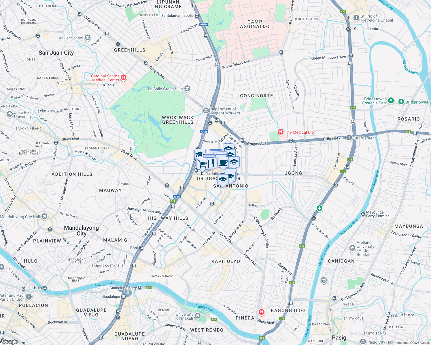 map of restaurants, bars, coffee shops, grocery stores, and more near Doña Julia Vargas Avenue in Pasig