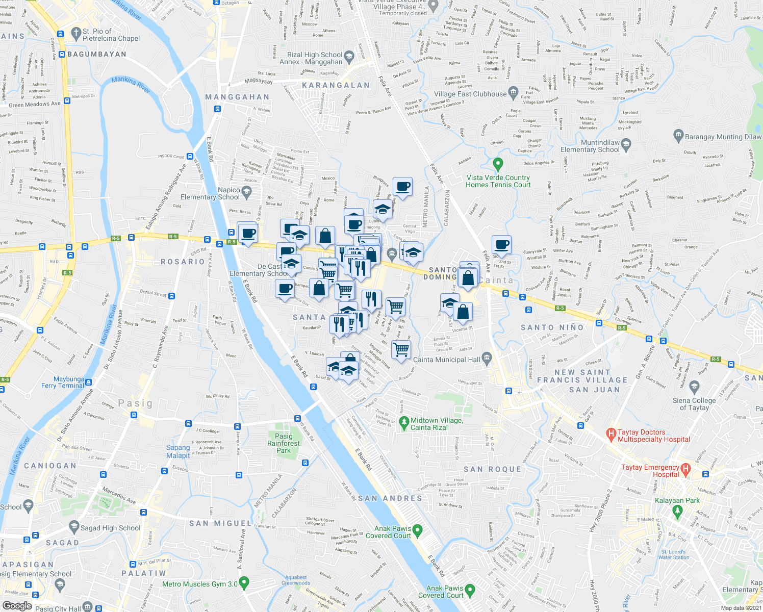 map of restaurants, bars, coffee shops, grocery stores, and more near 1st in Pasig City