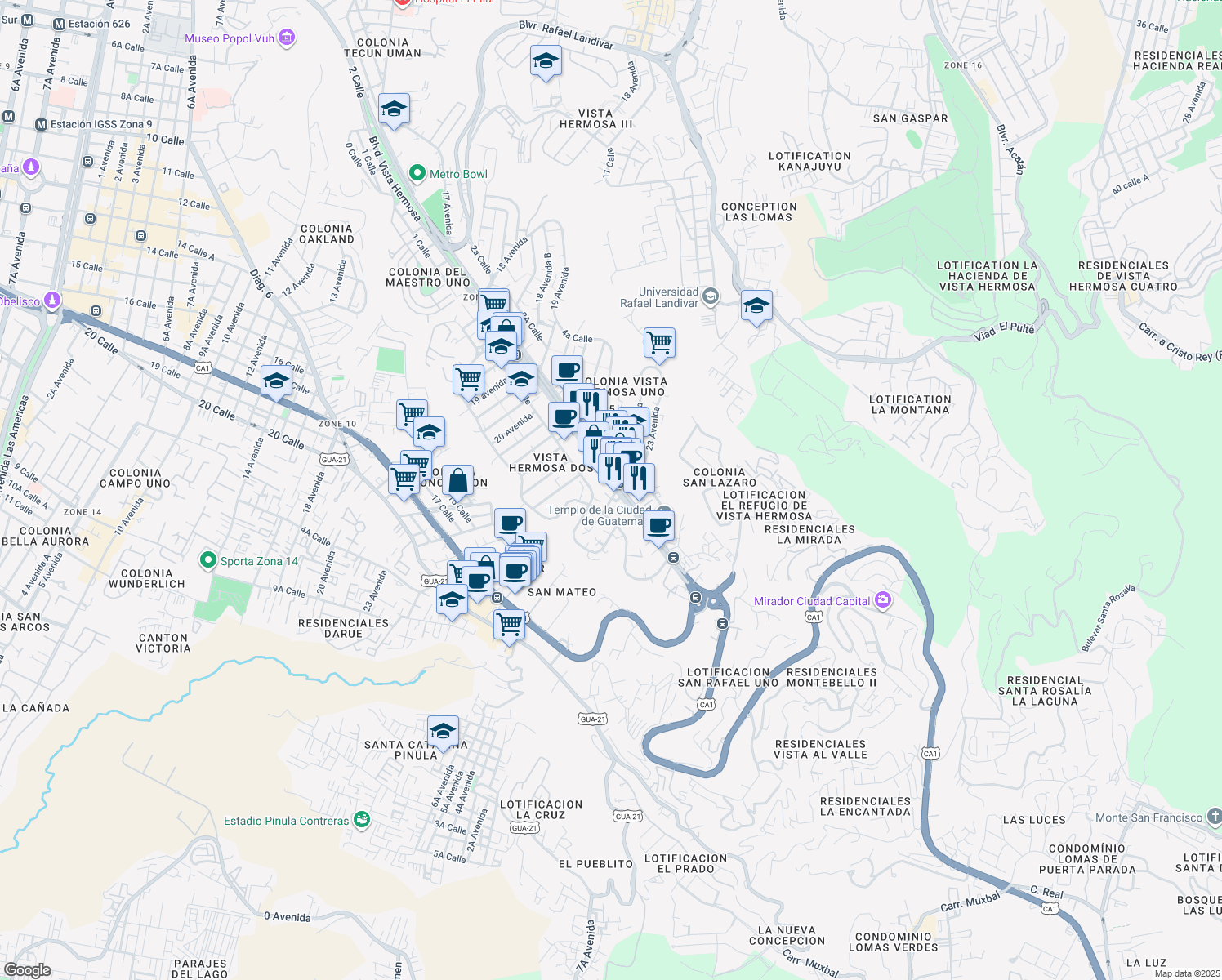 map of restaurants, bars, coffee shops, grocery stores, and more near 2 Boulevard Vista Hermosa in Ciudad de Guatemala