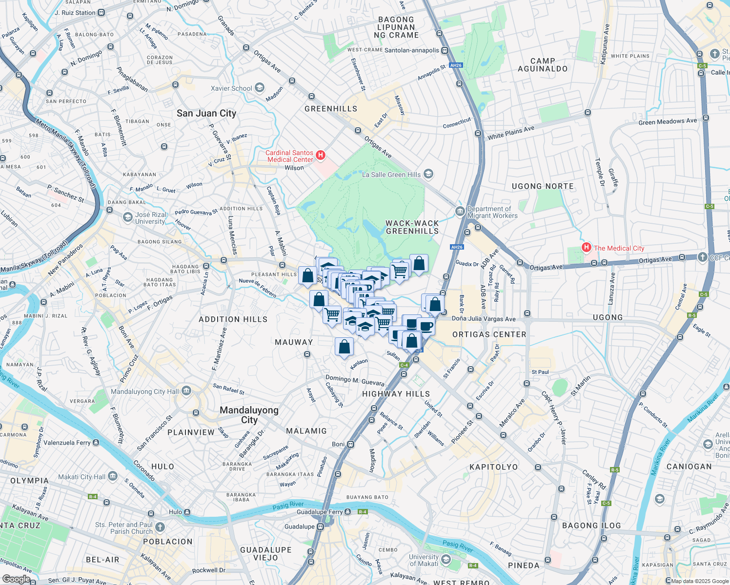 map of restaurants, bars, coffee shops, grocery stores, and more near 567 Old Wack Wack Road in Mandaluyong
