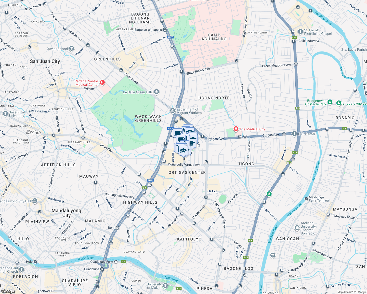 map of restaurants, bars, coffee shops, grocery stores, and more near ADB Avenue in Pasig