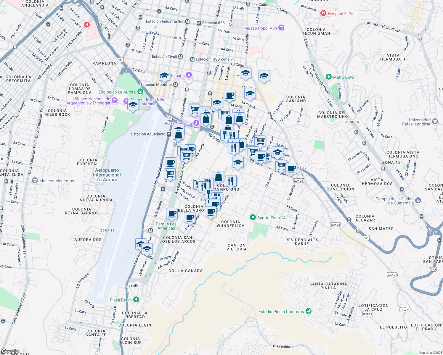 map of restaurants, bars, coffee shops, grocery stores, and more near 3 calle 5 Avenida in Ciudad de Guatemala