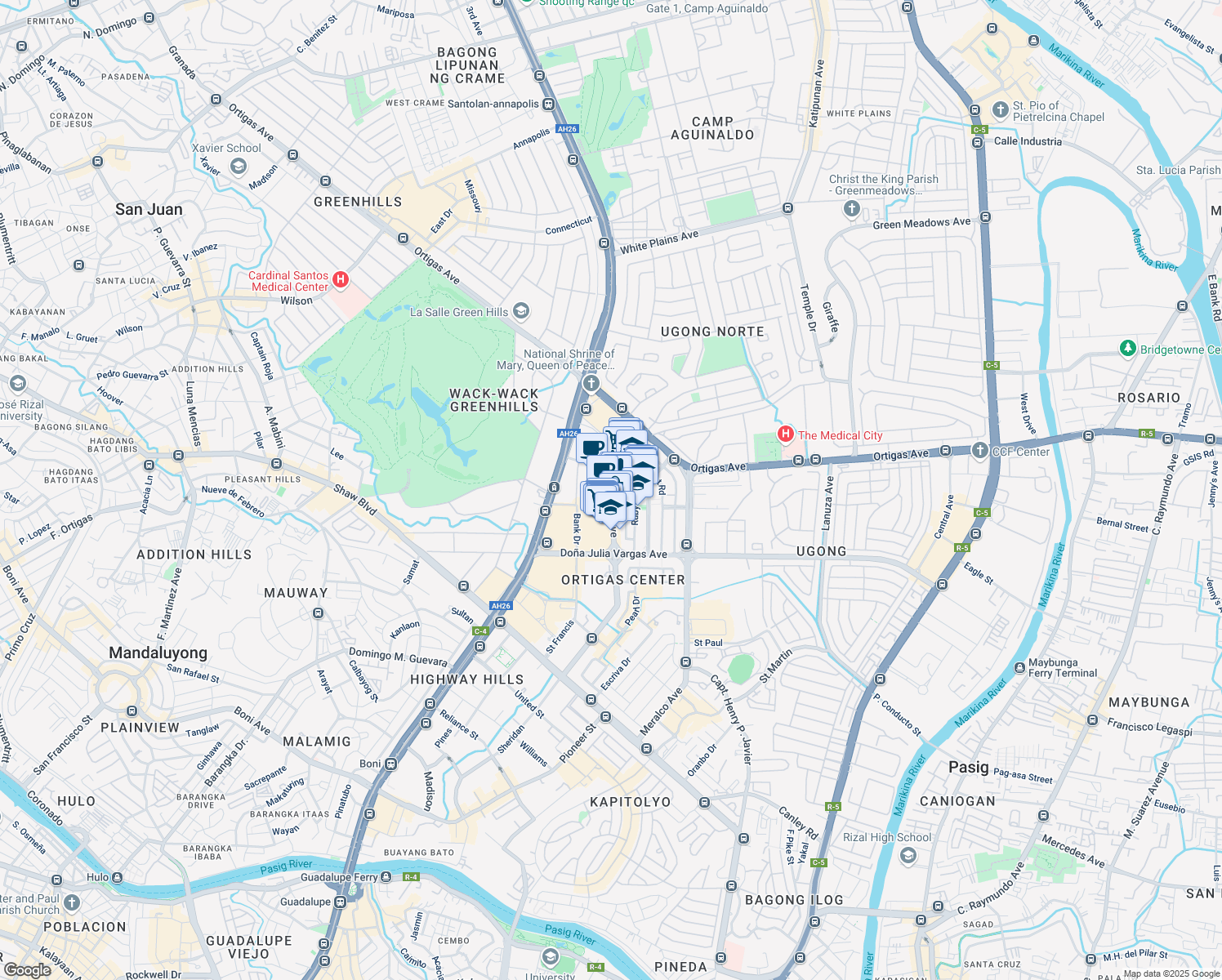 map of restaurants, bars, coffee shops, grocery stores, and more near ADB Avenue in Pasig
