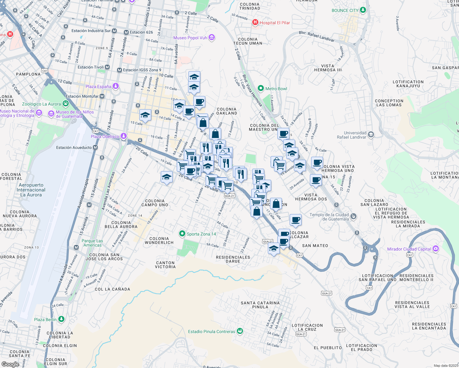 map of restaurants, bars, coffee shops, grocery stores, and more near 25 18 Calle in Ciudad de Guatemala