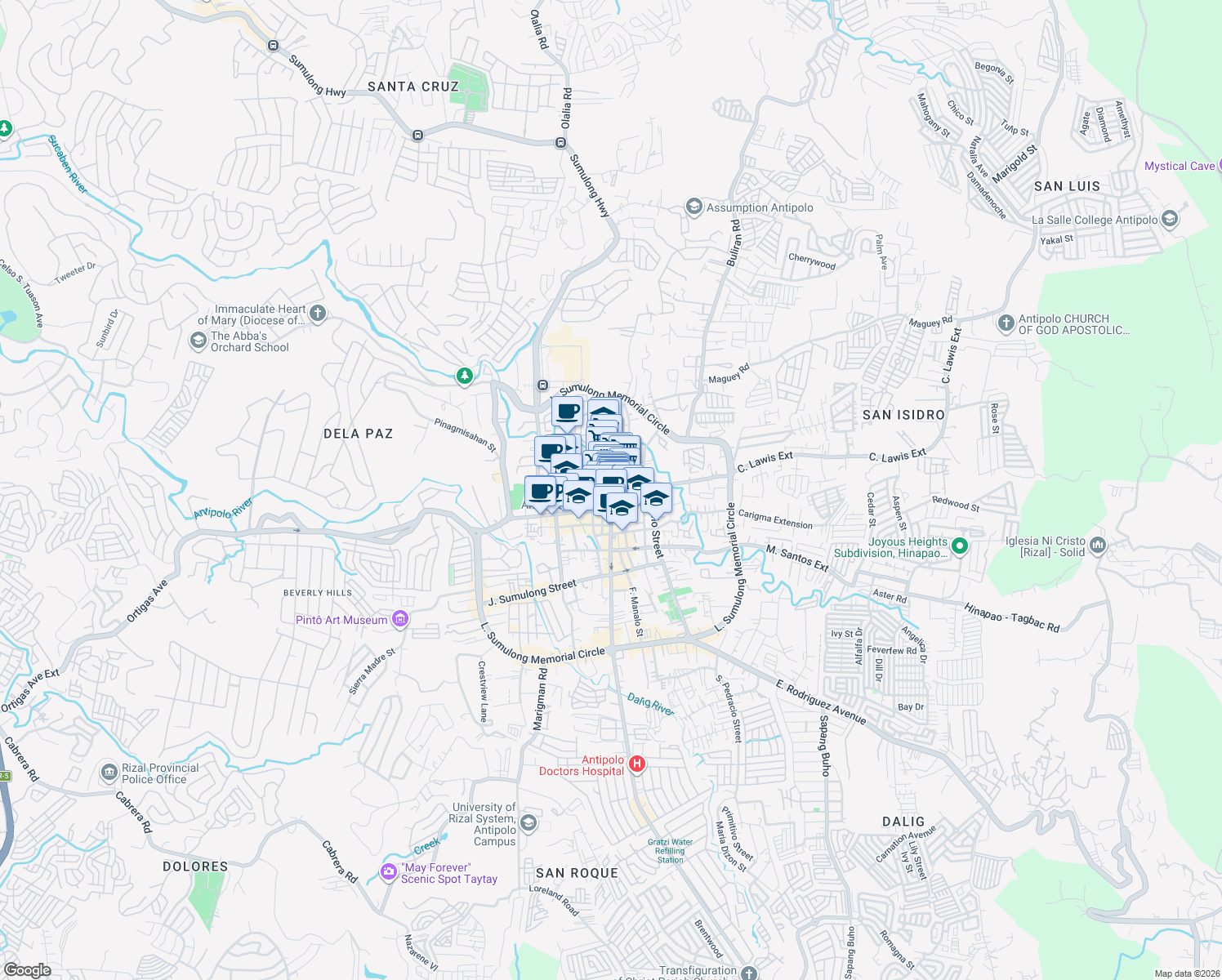 map of restaurants, bars, coffee shops, grocery stores, and more near M.L. Quezon Street in Antipolo City