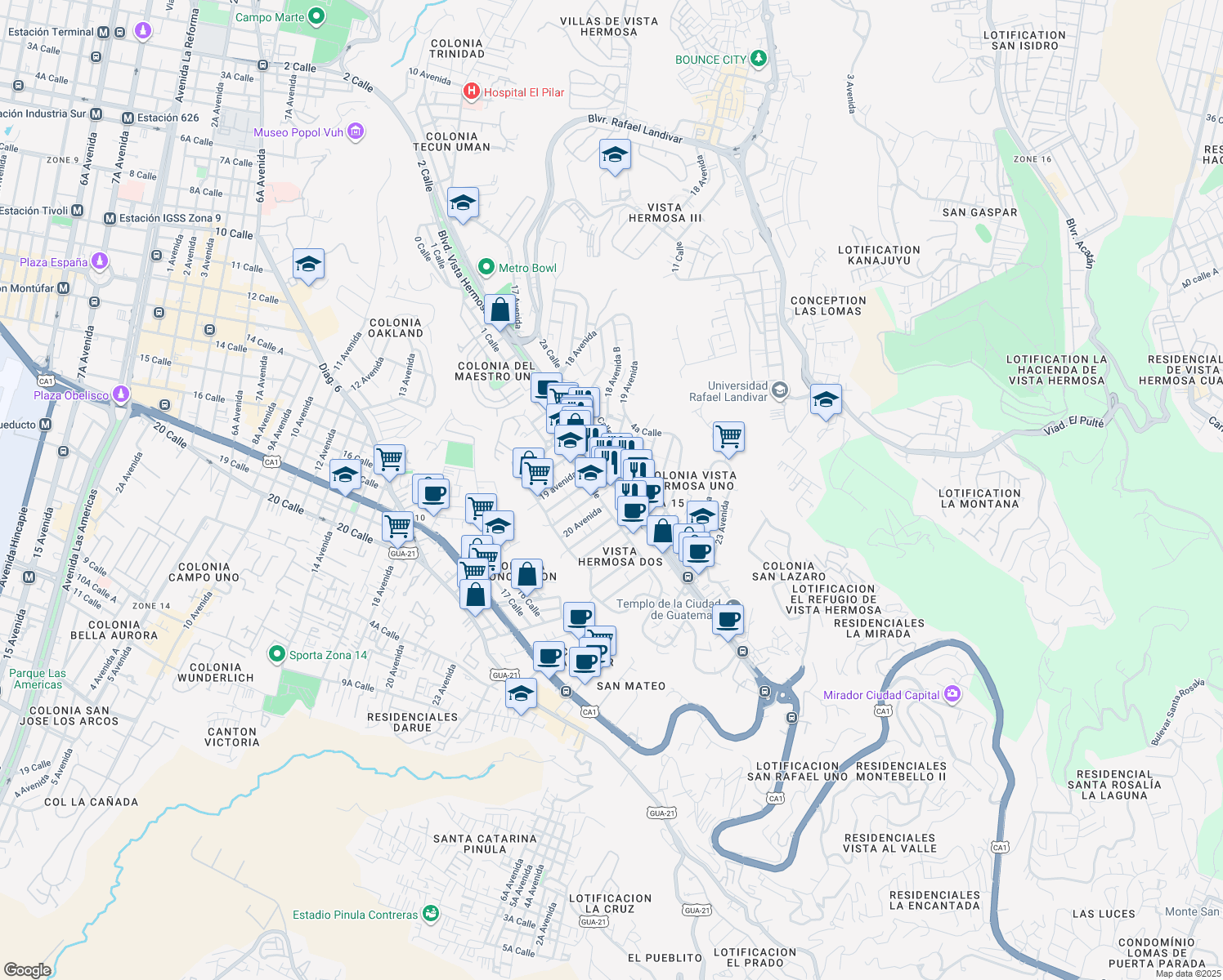 map of restaurants, bars, coffee shops, grocery stores, and more near 2 Boulevard Vista Hermosa in Ciudad de Guatemala