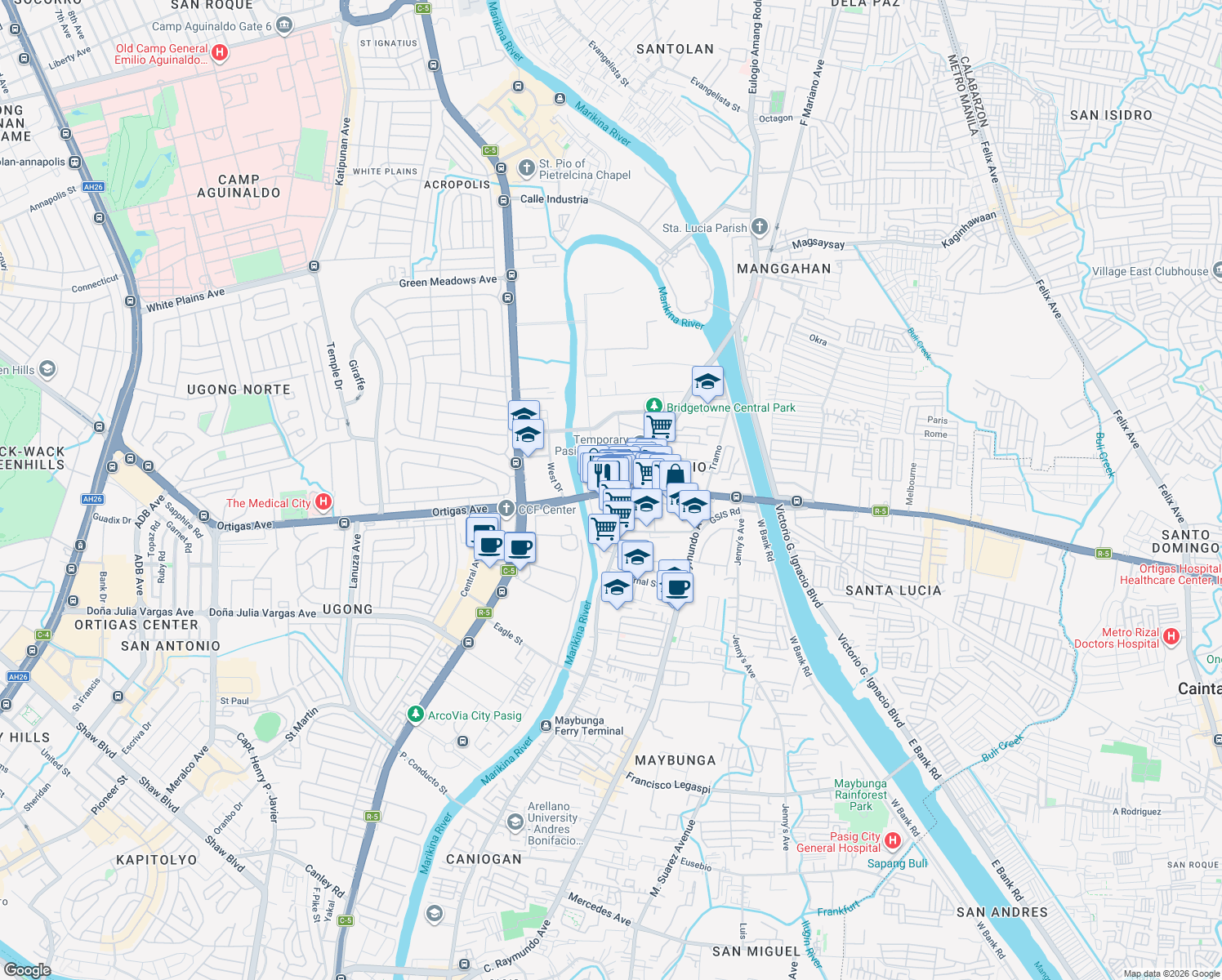 map of restaurants, bars, coffee shops, grocery stores, and more near Rosario Bridge Underpass in Pasig City
