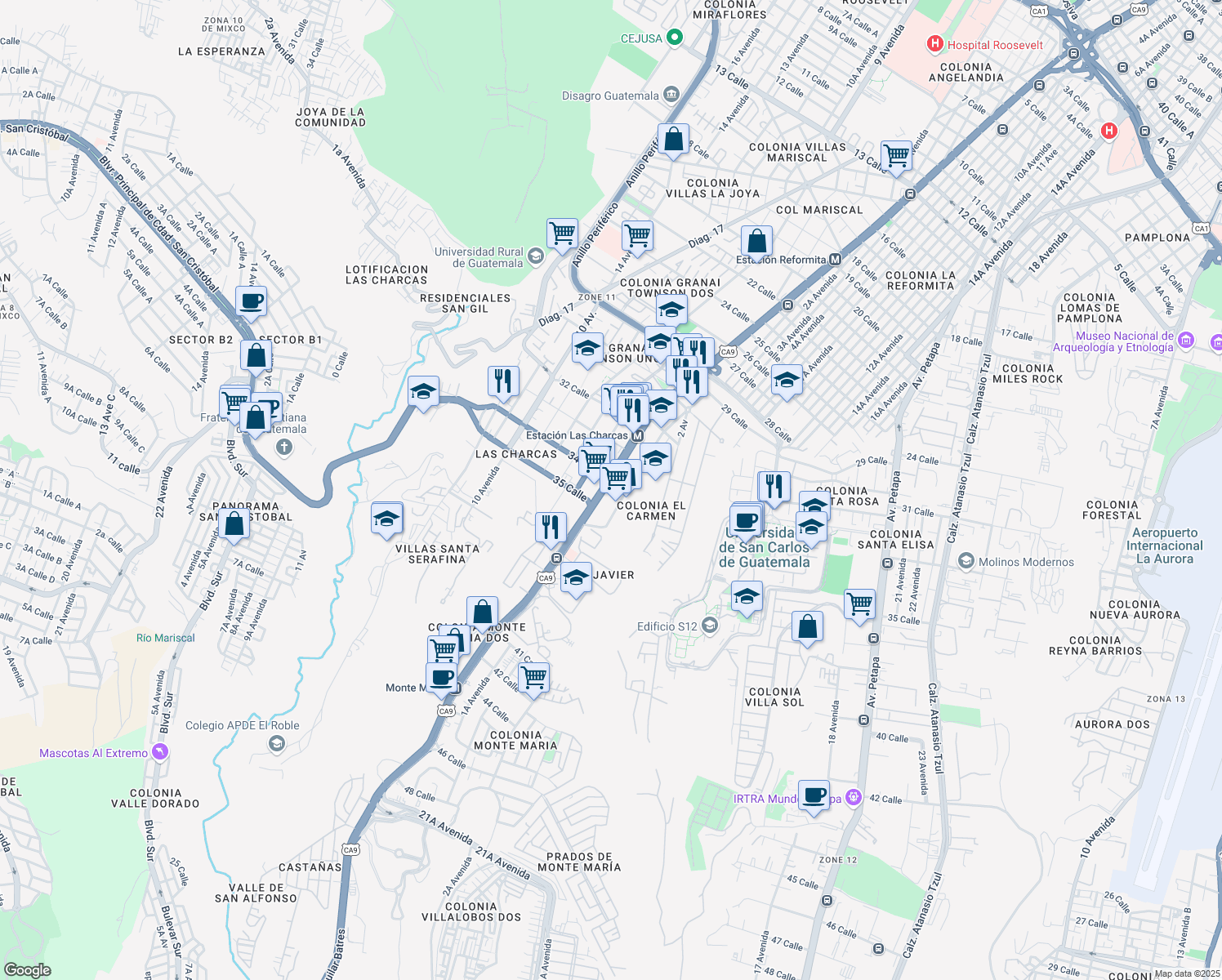 map of restaurants, bars, coffee shops, grocery stores, and more near 35 Calzada Aguilar Batres in Ciudad de Guatemala