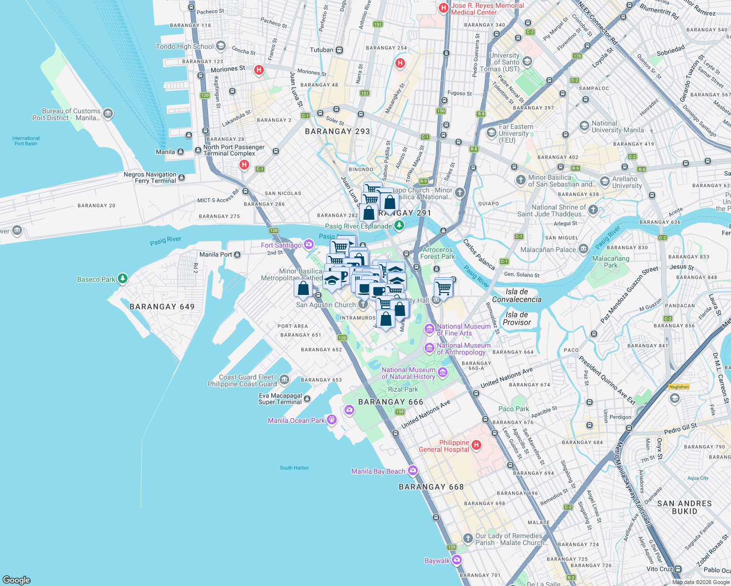 map of restaurants, bars, coffee shops, grocery stores, and more near  in Manila