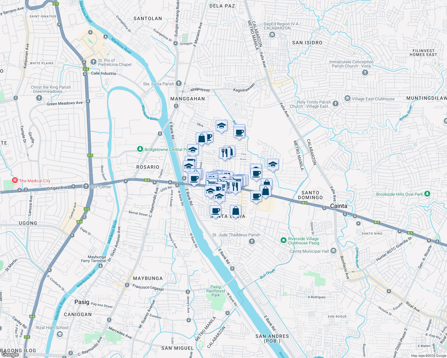 map of restaurants, bars, coffee shops, grocery stores, and more near 3 Opal in Pasig