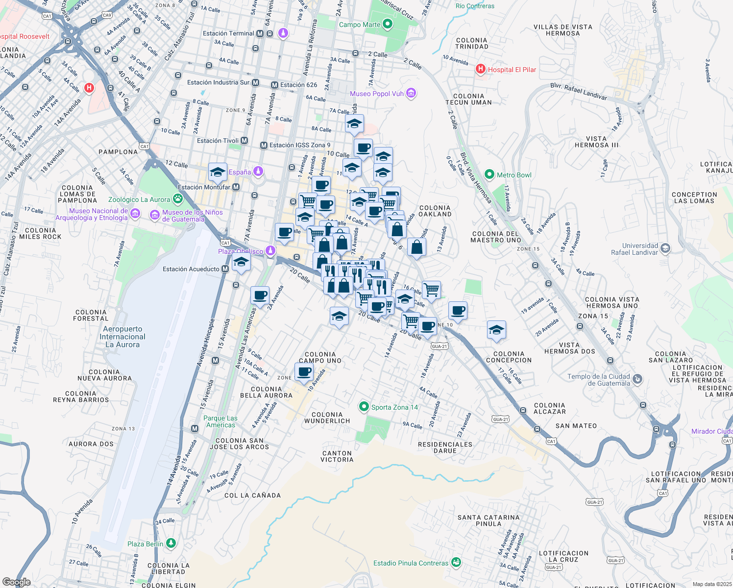 map of restaurants, bars, coffee shops, grocery stores, and more near 18 Calle in Guatemala City