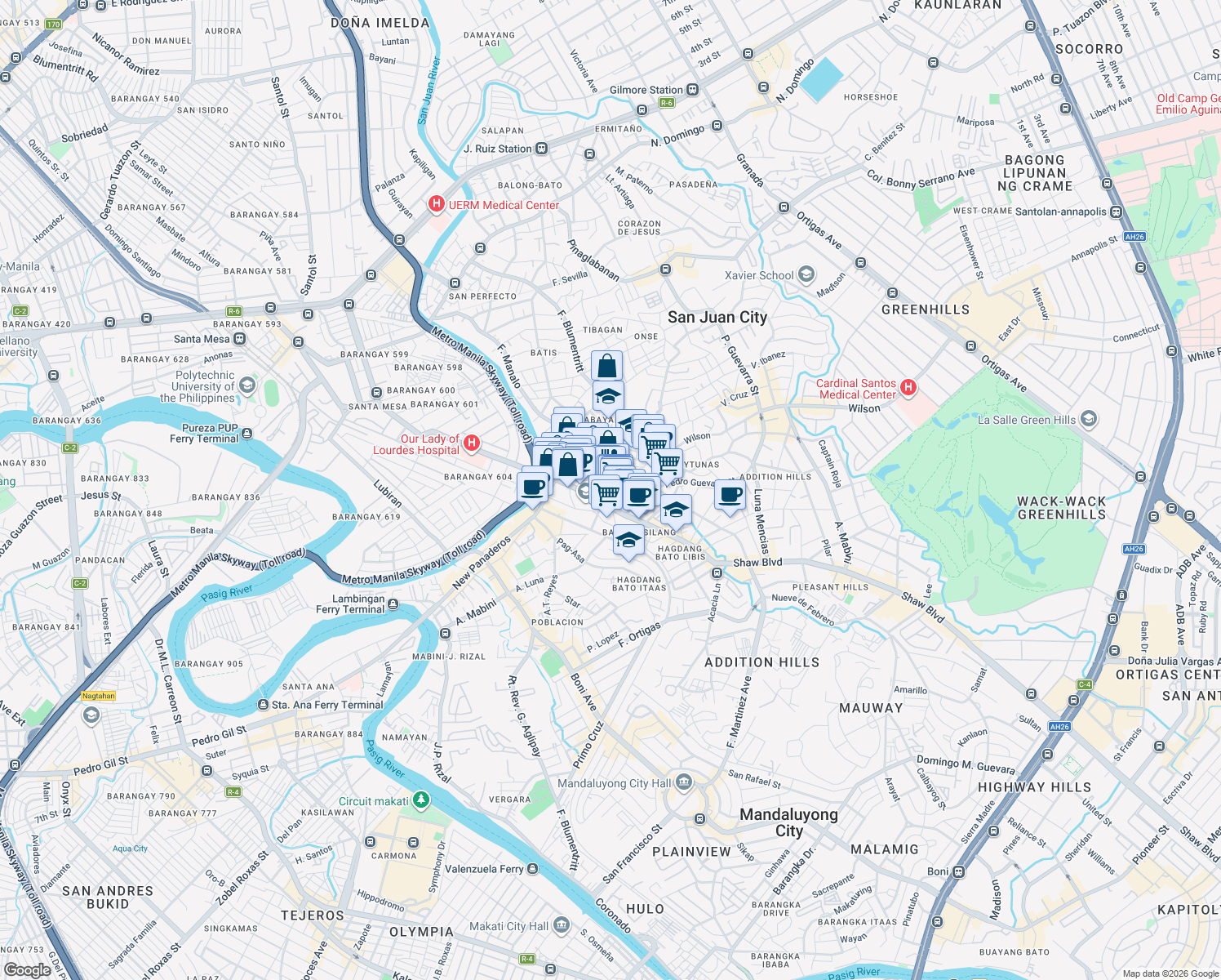 map of restaurants, bars, coffee shops, grocery stores, and more near Magalona St in Mandaluyong City