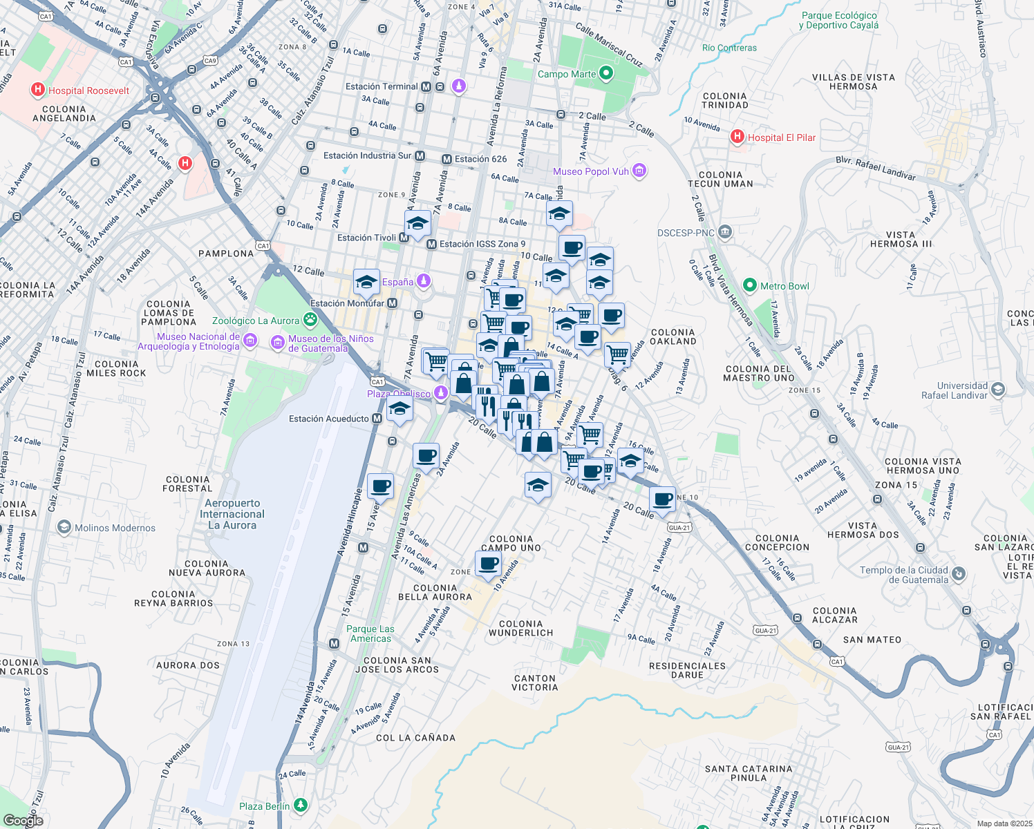 map of restaurants, bars, coffee shops, grocery stores, and more near 16-62 5 Avenida in Ciudad de Guatemala