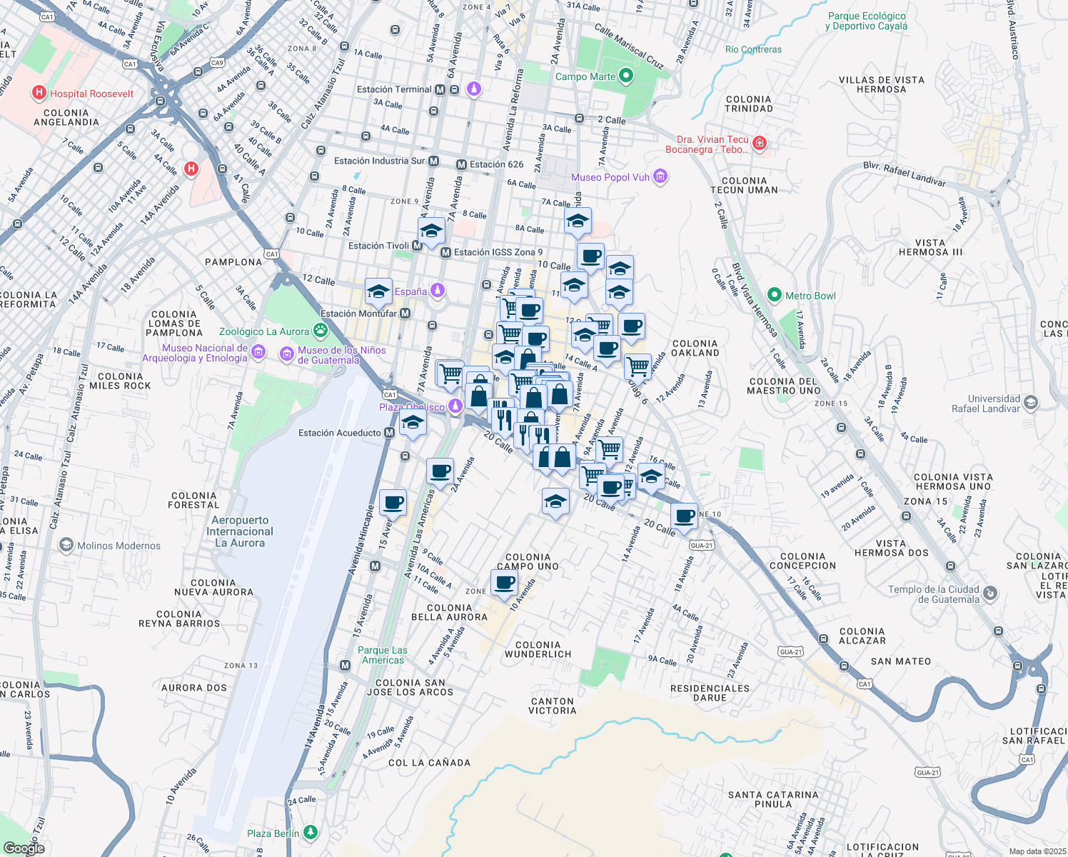 map of restaurants, bars, coffee shops, grocery stores, and more near 16-62 5 Avenida in Ciudad de Guatemala