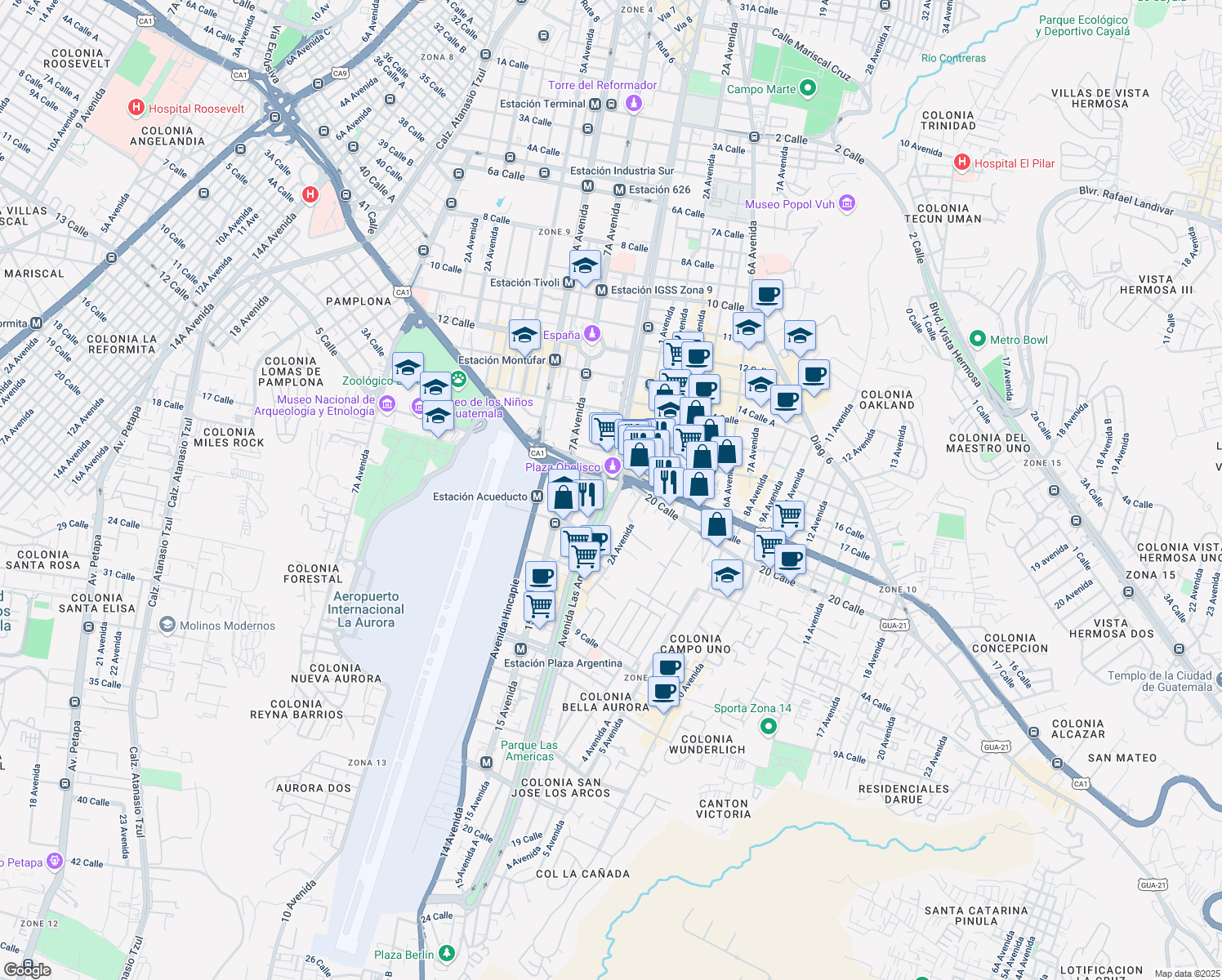 map of restaurants, bars, coffee shops, grocery stores, and more near in Guatemala City