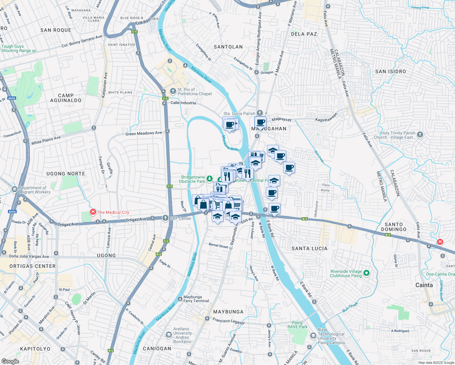 map of restaurants, bars, coffee shops, grocery stores, and more near in Pasig
