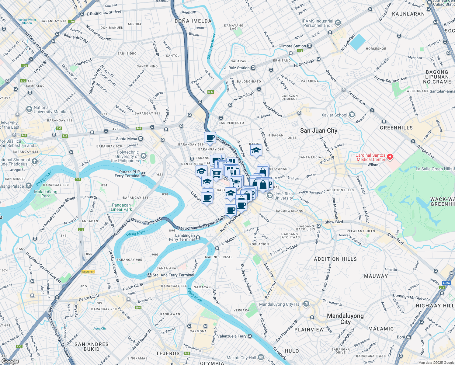 map of restaurants, bars, coffee shops, grocery stores, and more near 46 P. Sanchez Street in Manila