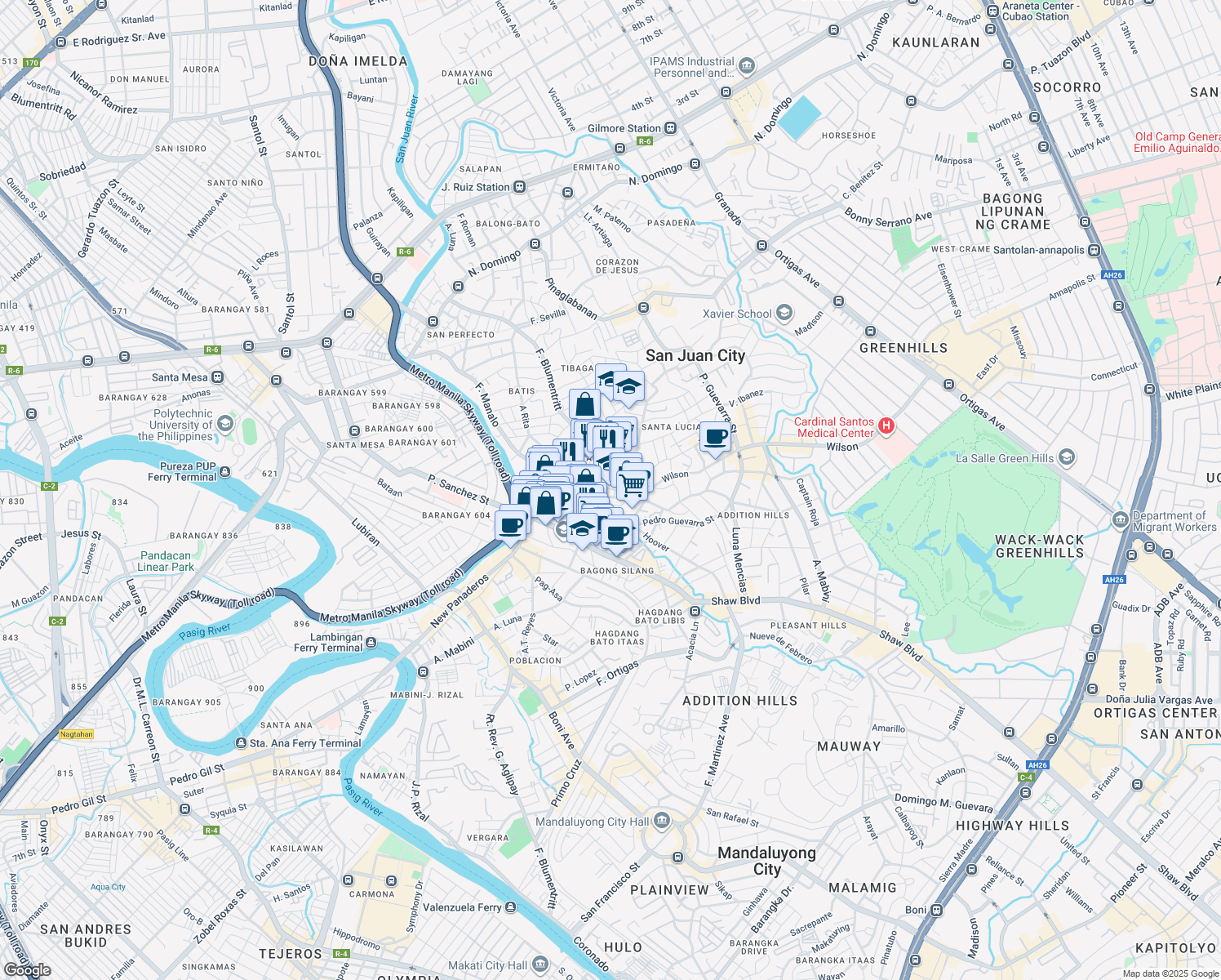 map of restaurants, bars, coffee shops, grocery stores, and more near Aurora in San Juan City