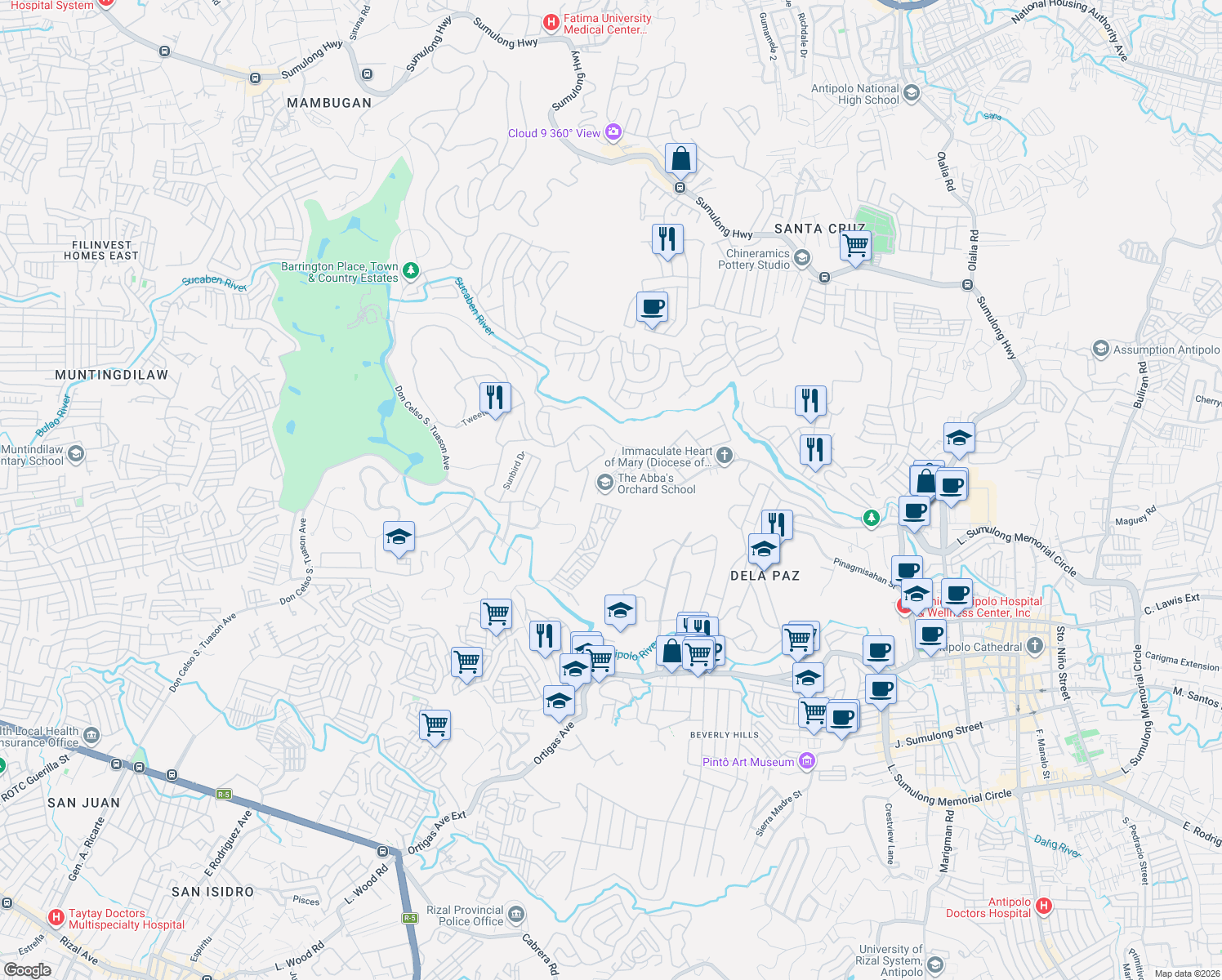 map of restaurants, bars, coffee shops, grocery stores, and more near Daang Bakal Road in Antipolo City
