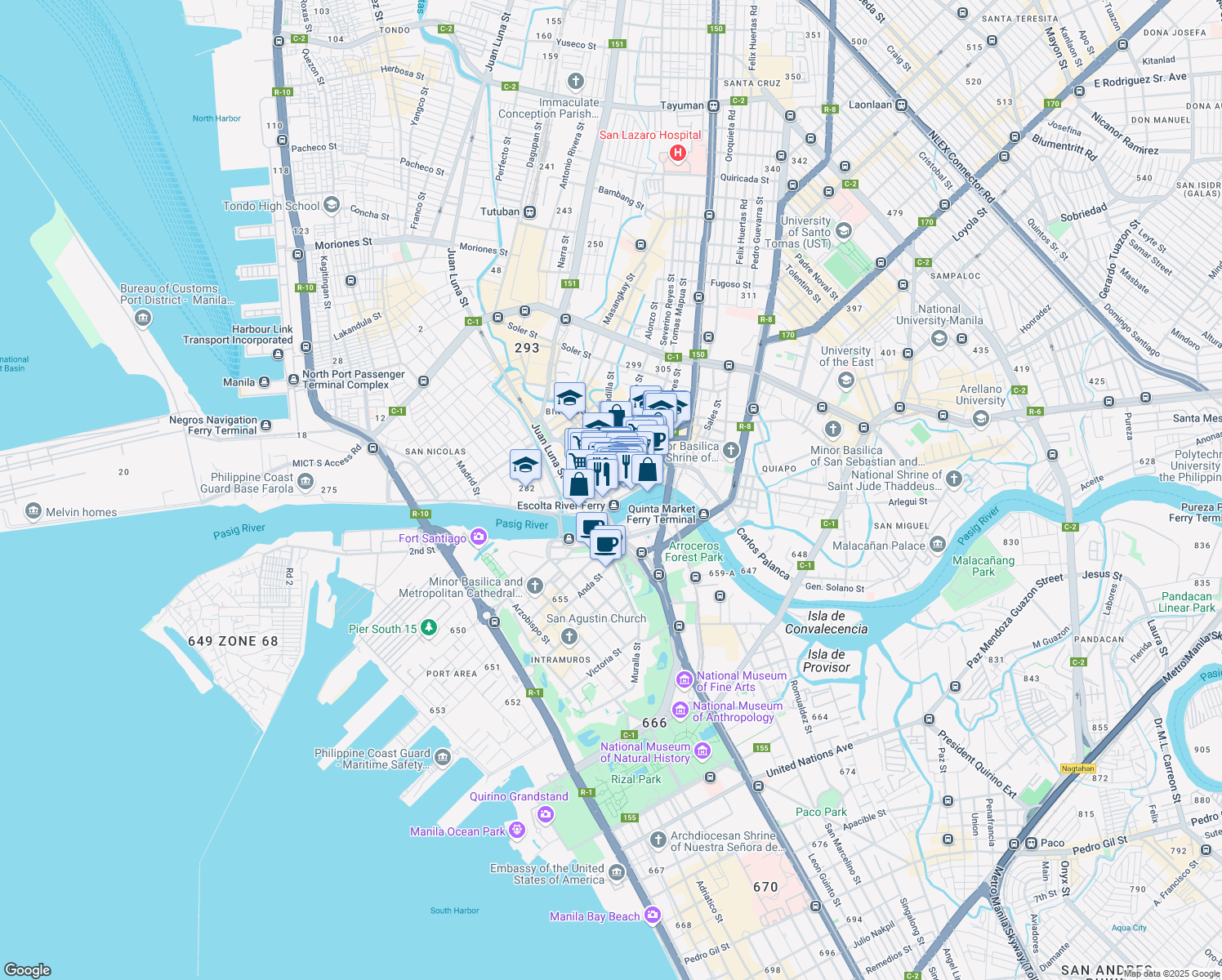 map of restaurants, bars, coffee shops, grocery stores, and more near 320 Yuchengco Street in Manila