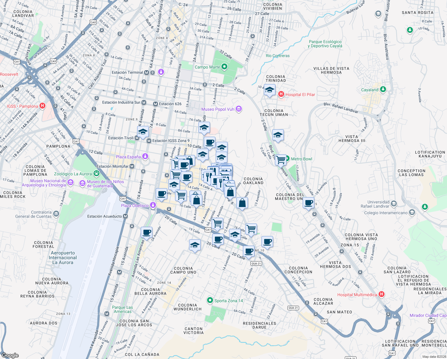 map of restaurants, bars, coffee shops, grocery stores, and more near 13-01 Diagonal 6 in Ciudad de Guatemala