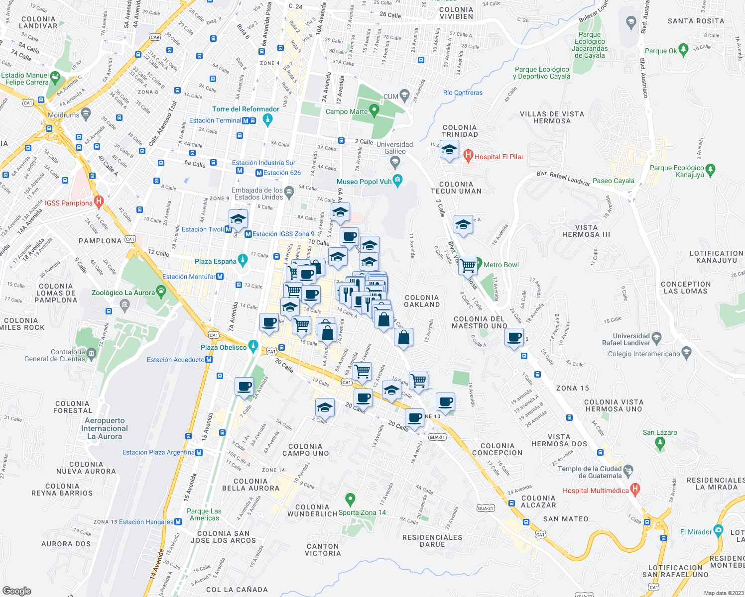 map of restaurants, bars, coffee shops, grocery stores, and more near 13-01 Diagonal 6 in Ciudad de Guatemala