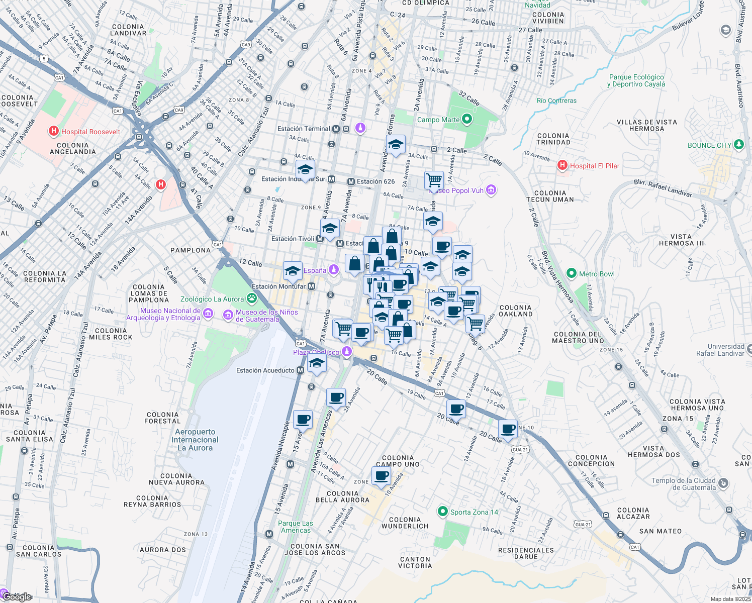 map of restaurants, bars, coffee shops, grocery stores, and more near 13 Calle in Guatemala