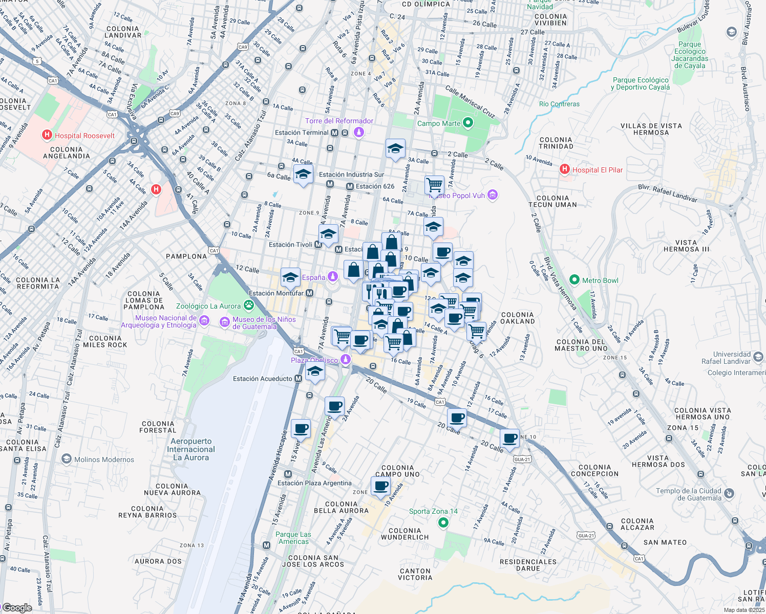 map of restaurants, bars, coffee shops, grocery stores, and more near 2 Avenida in Guatemala