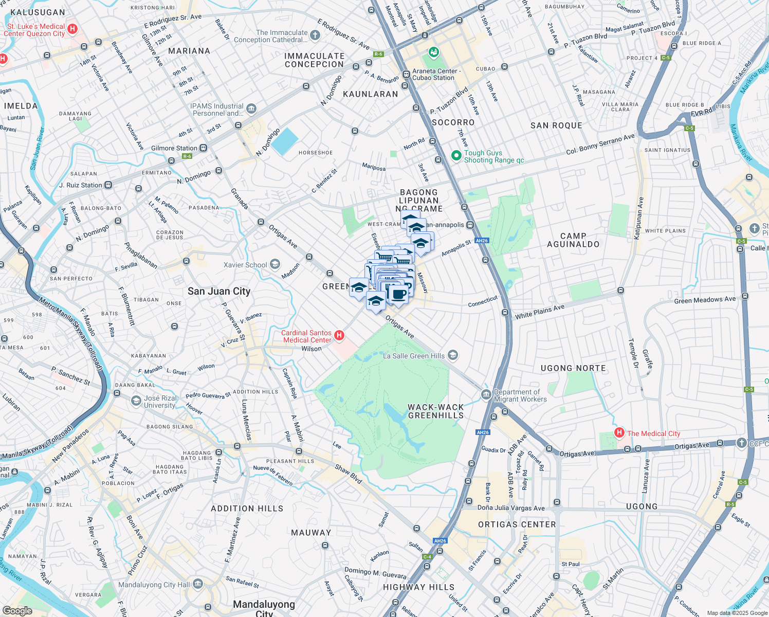 map of restaurants, bars, coffee shops, grocery stores, and more near South Drive in San Juan