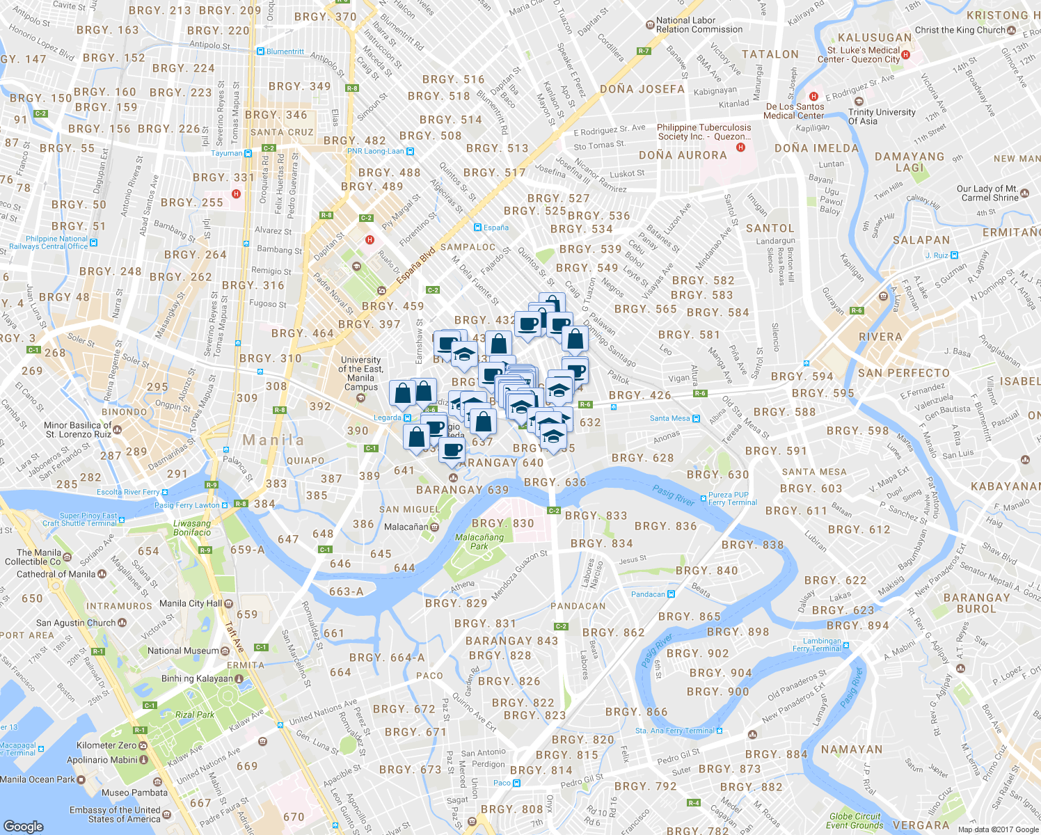 map of restaurants, bars, coffee shops, grocery stores, and more near Ramon Magsaysay Boulevard in Manila