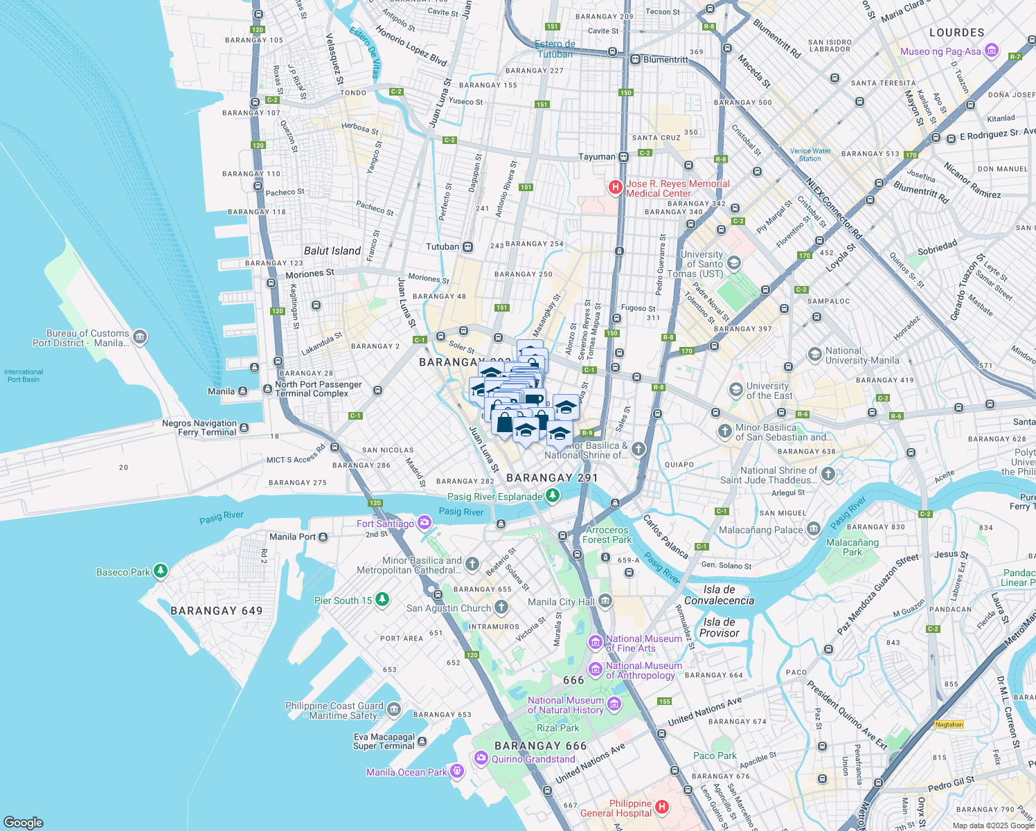 map of restaurants, bars, coffee shops, grocery stores, and more near Ongpin Street in Manila