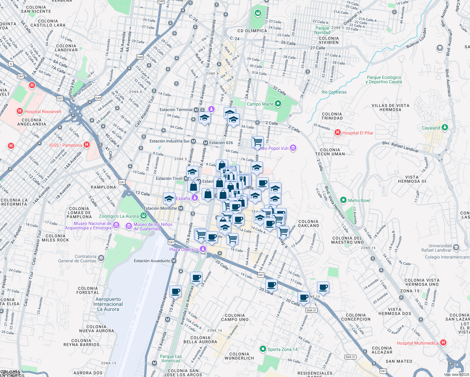 map of restaurants, bars, coffee shops, grocery stores, and more near 13-78 3 Avenida in Ciudad de Guatemala