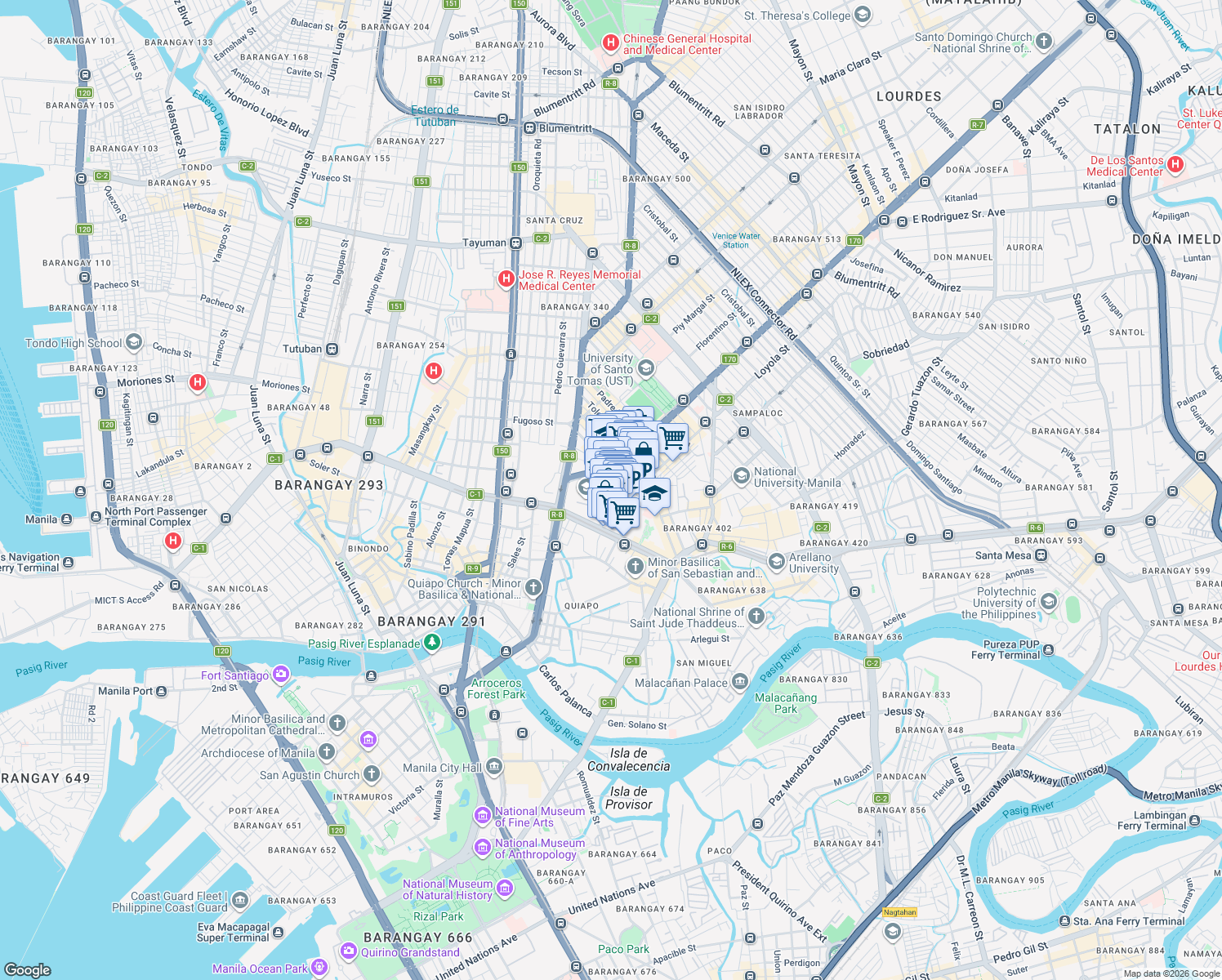map of restaurants, bars, coffee shops, grocery stores, and more near R. Papa in Manila