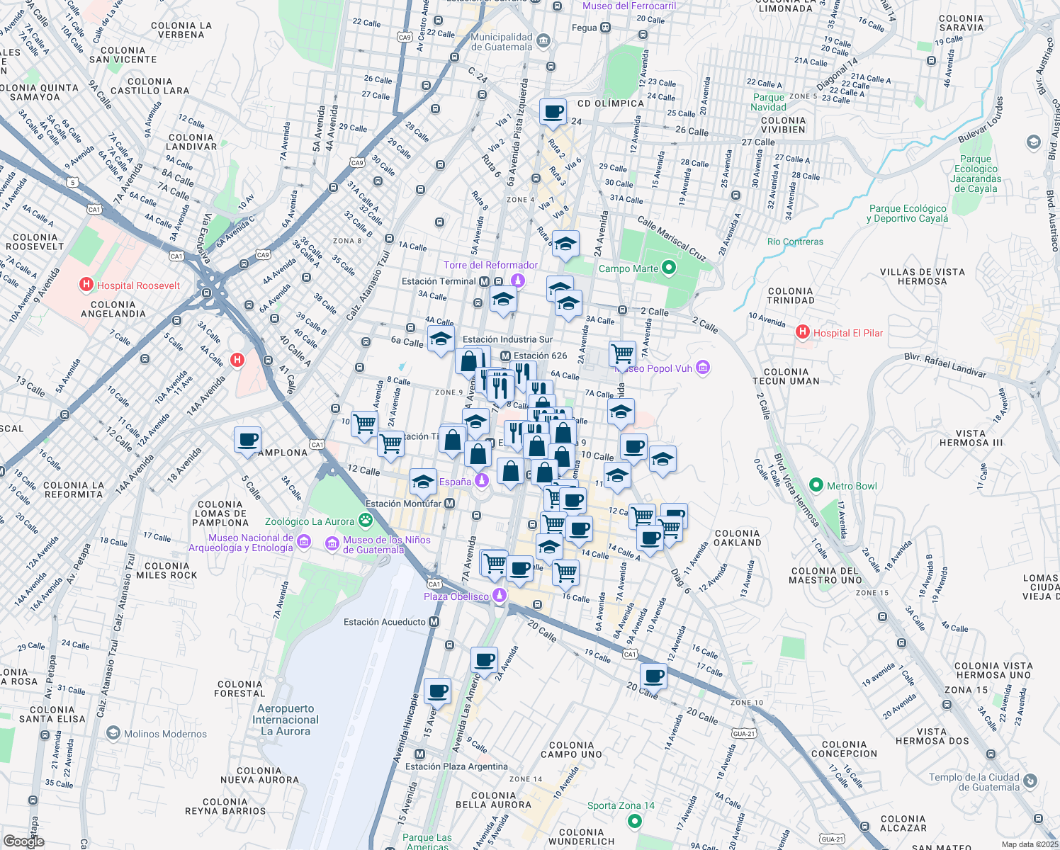 map of restaurants, bars, coffee shops, grocery stores, and more near Avenida La Reforma in Guatemala City