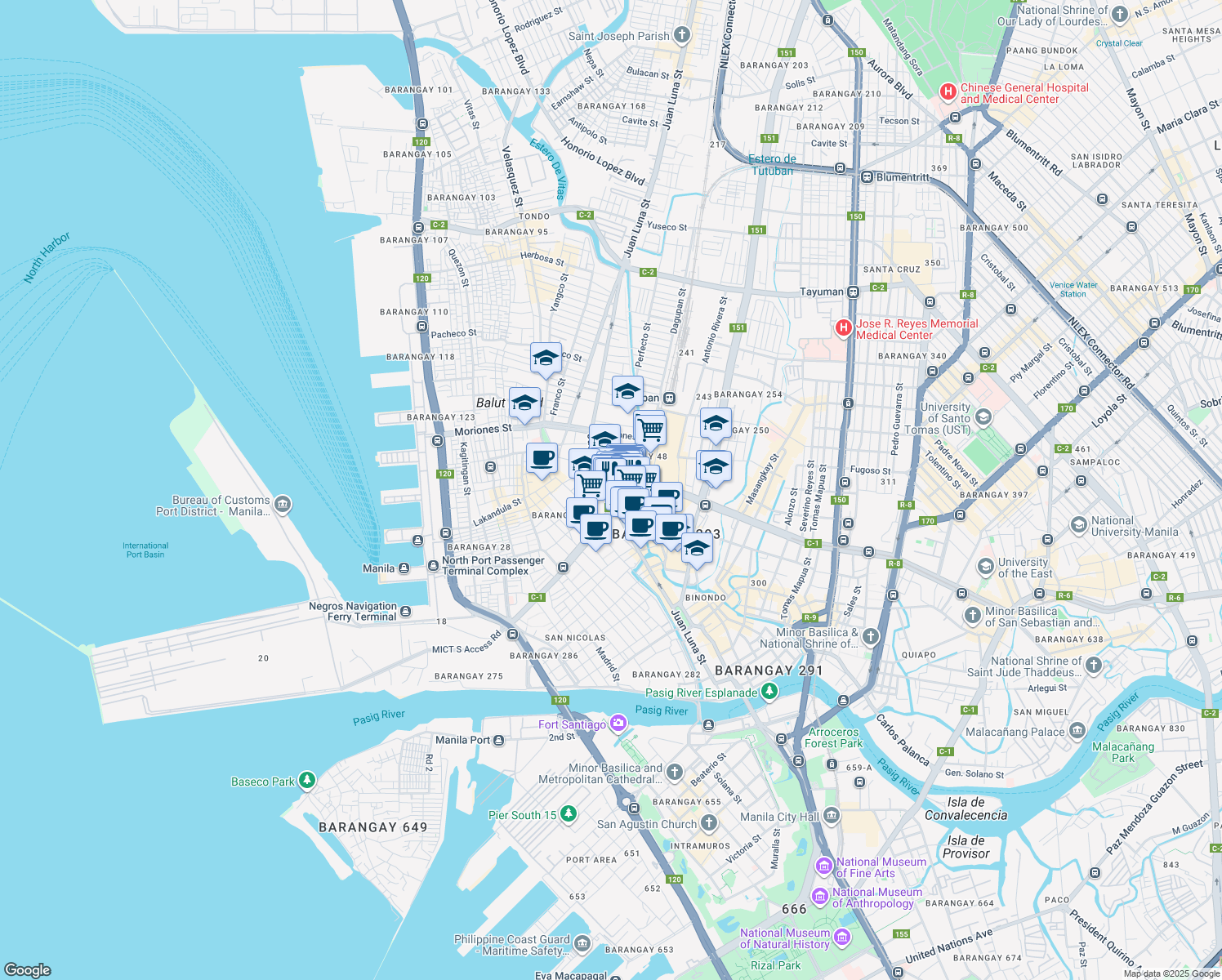 map of restaurants, bars, coffee shops, grocery stores, and more near 952 Juan Luna Street in Manila