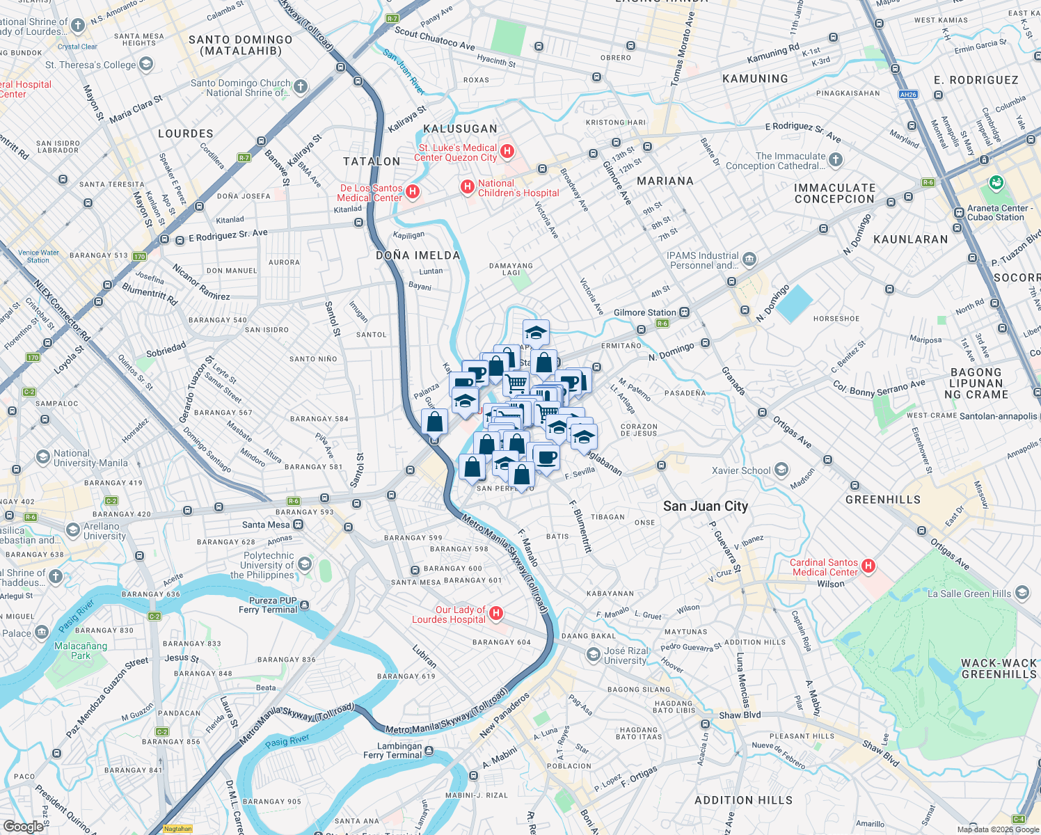 map of restaurants, bars, coffee shops, grocery stores, and more near Pedestrian path from pay parking to Pioneer Street in Mandaluyong City