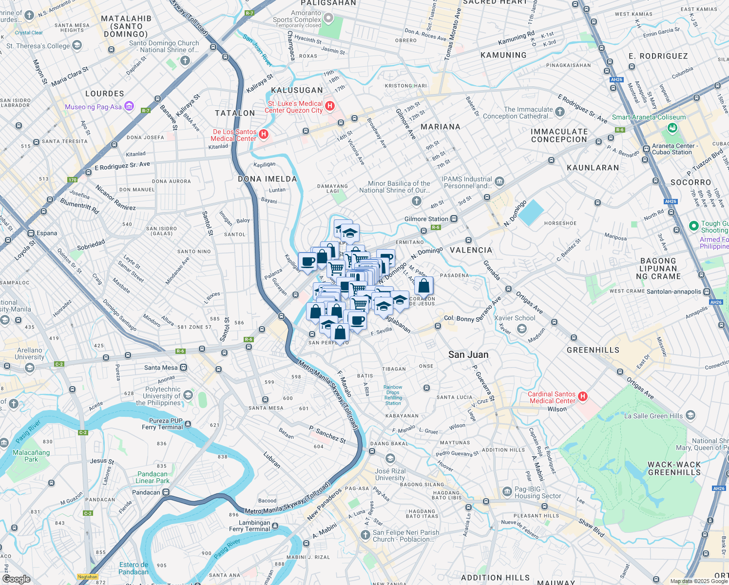 map of restaurants, bars, coffee shops, grocery stores, and more near N.Domingo in San Juan