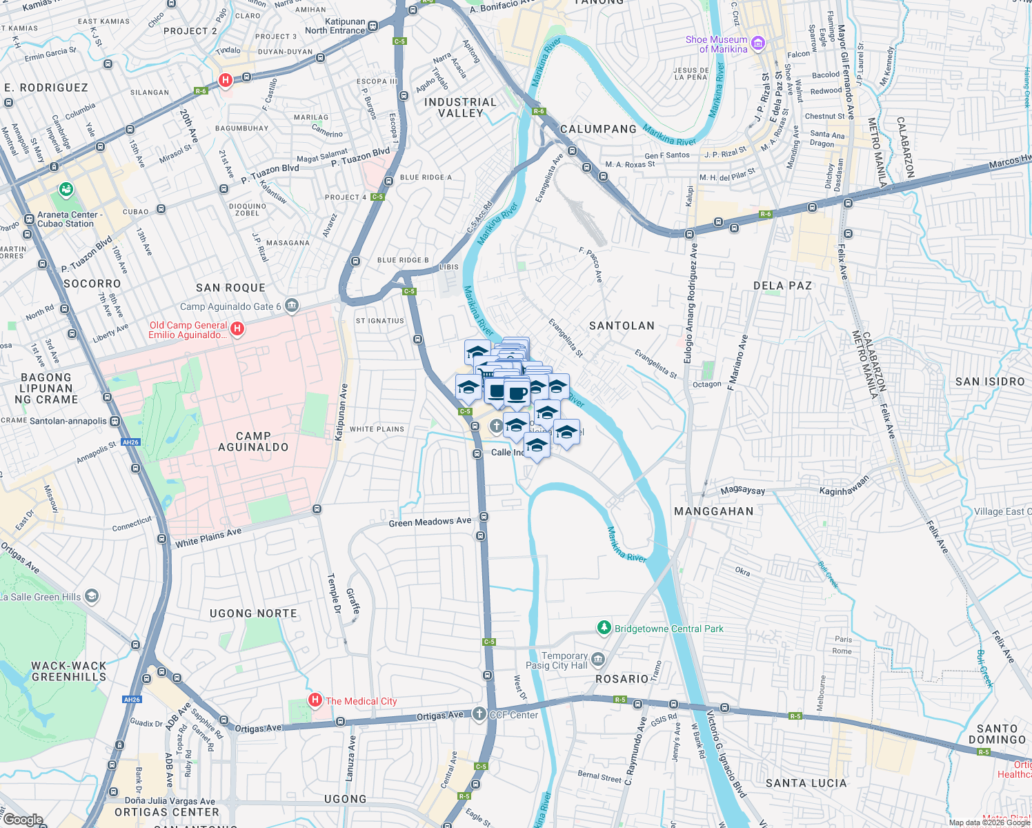 map of restaurants, bars, coffee shops, grocery stores, and more near Eastwood Palm Tree Avenue in Quezon City
