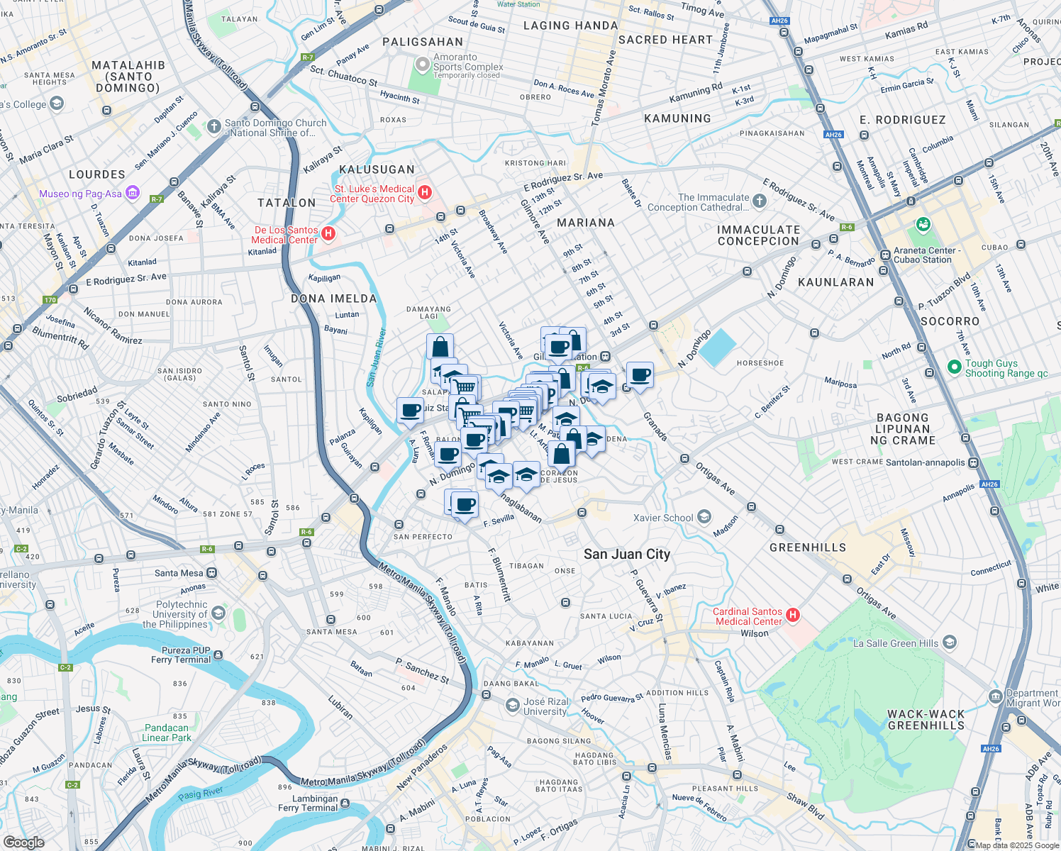 map of restaurants, bars, coffee shops, grocery stores, and more near N.Domingo in San Juan